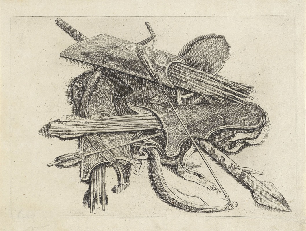 This artwork features an arrangement of quivers, bows, and a spear on the ground.