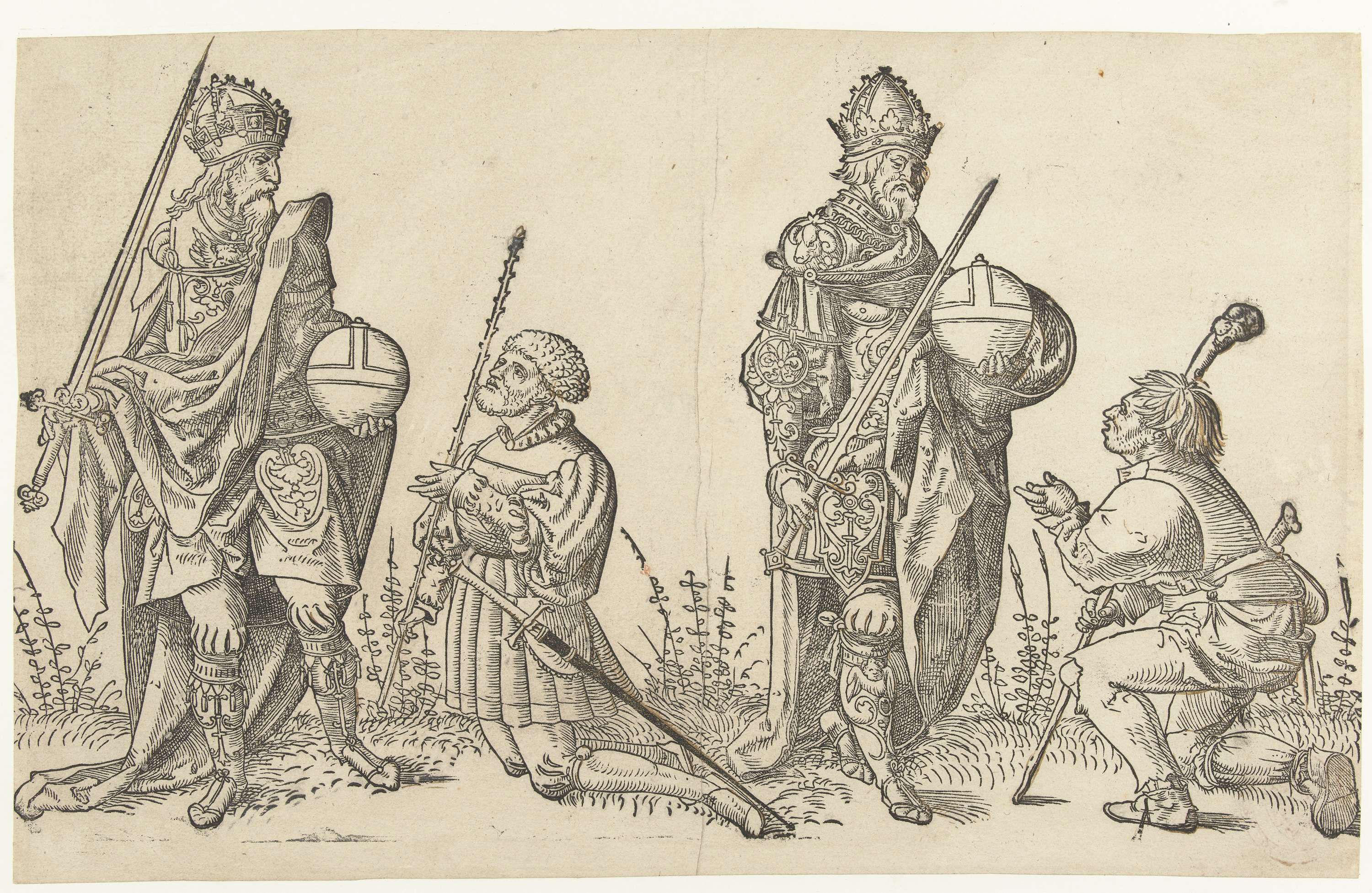 Engraving by Unknown Artist depicting emperors Trajanus and Augustus
