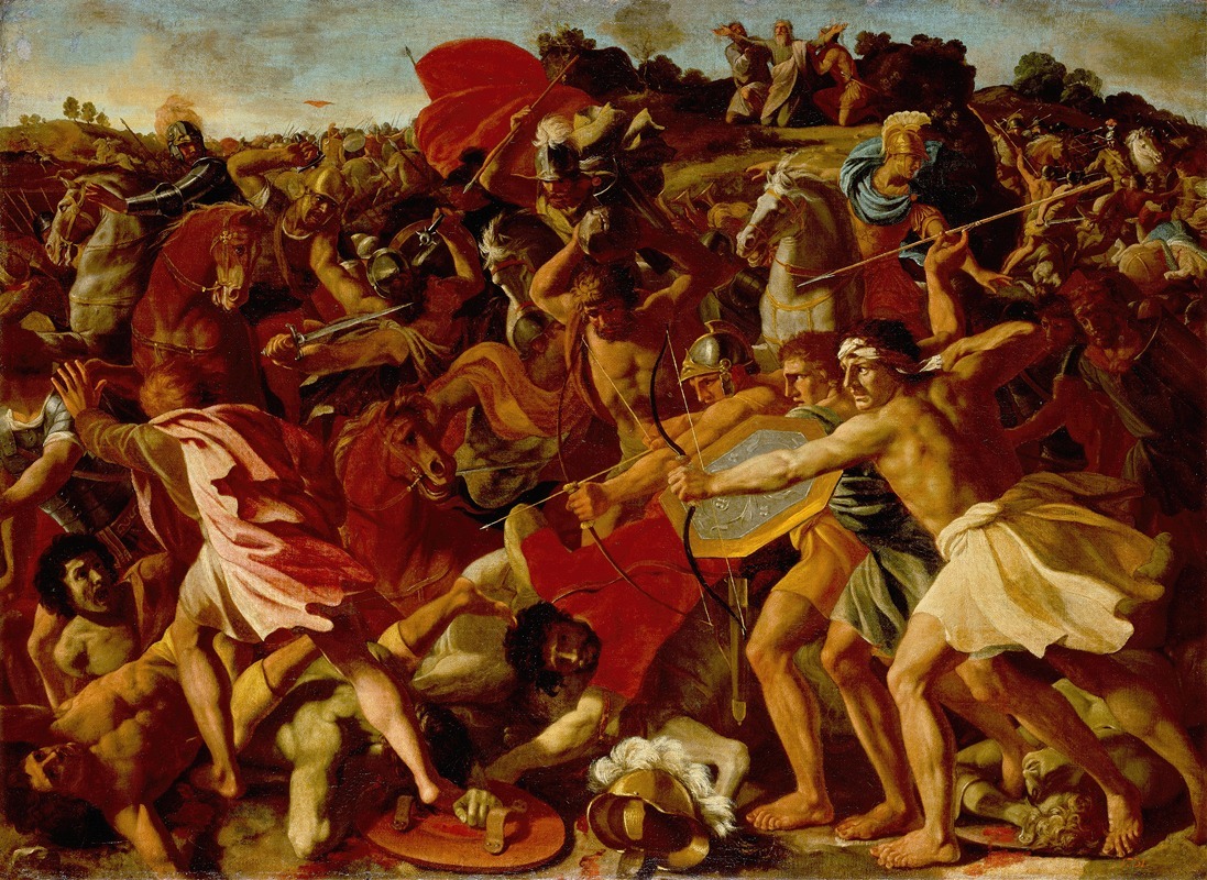 Nicolas Poussin's painting depicts the biblical battle of Joshua and the Amalekites.