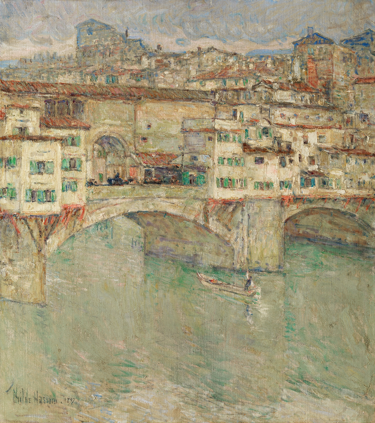 Ponte Vecchio by Childe Hassam, oil on canvas, depicting a sunset over the bridge and water reflections.