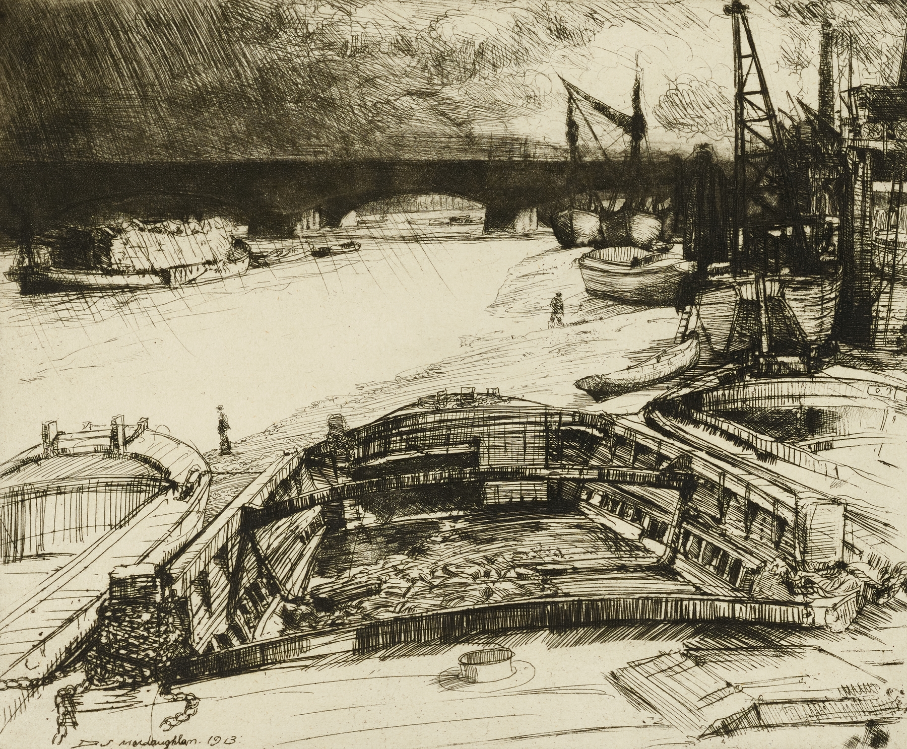 Wind and Rain on the Thames, oil on canvas by Donald Shaw MacLaughlan