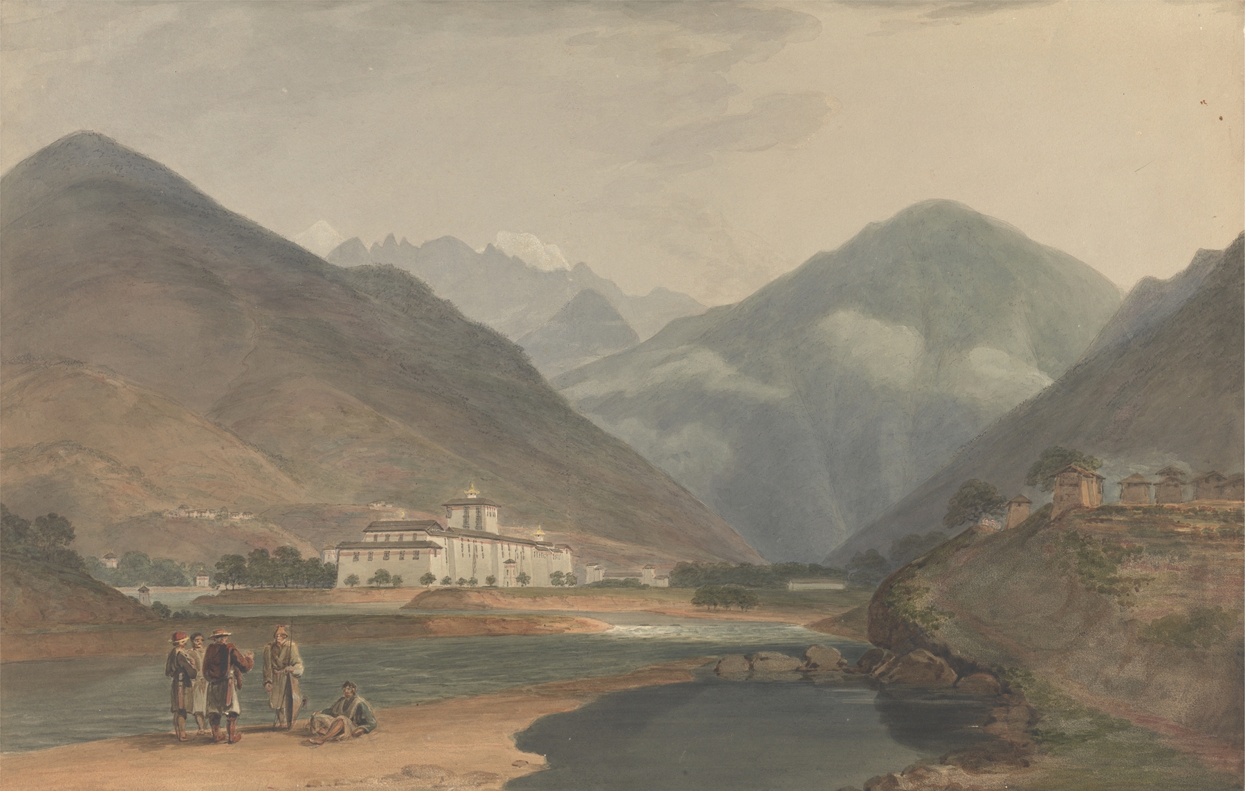 The Former Winter Capital of Bhutan at Punakha Dzong, oil on canvas by Samuel Davis