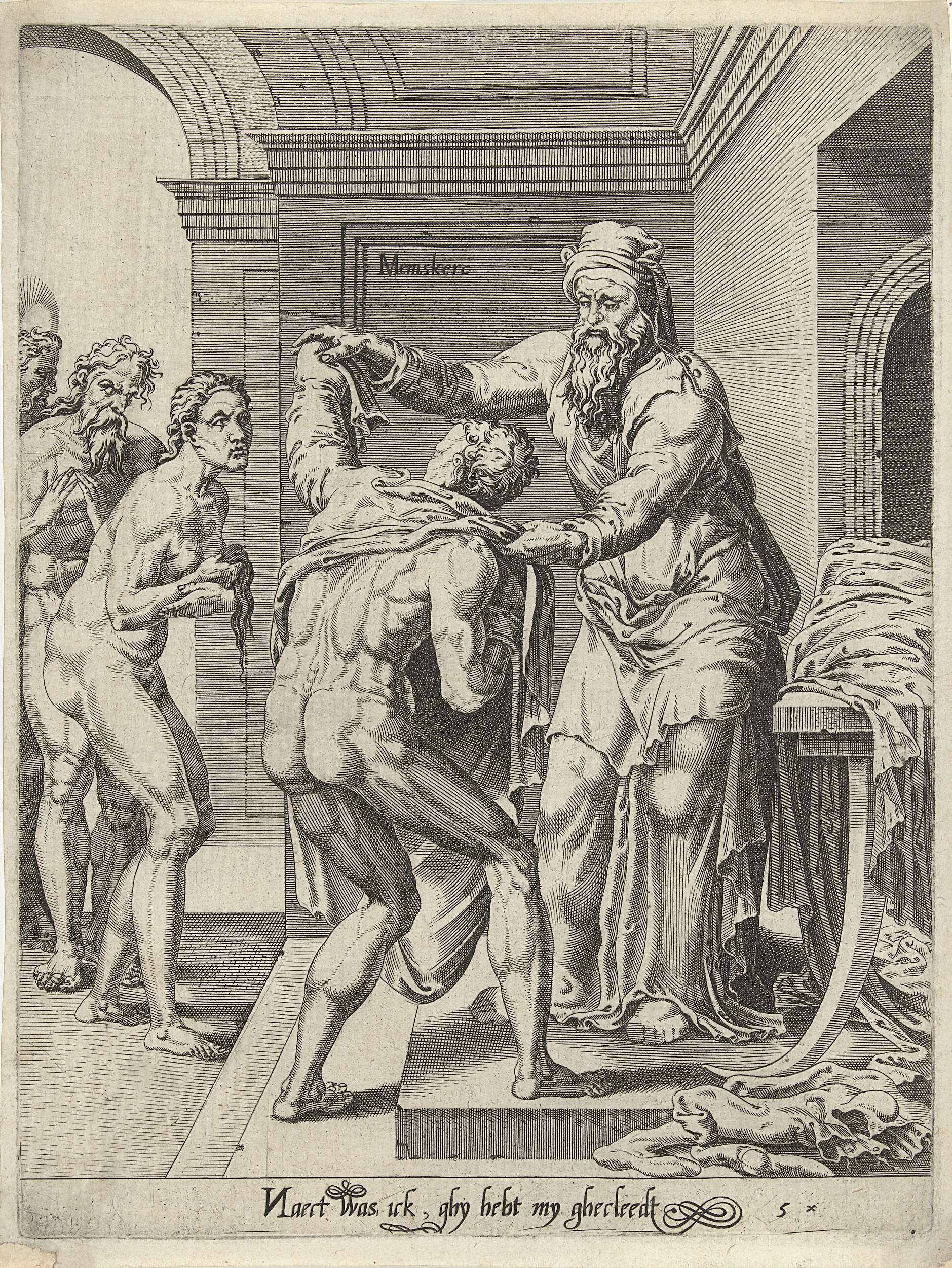 Naakten kleden, by Dirck Volckertsz. Coornhert, public domain