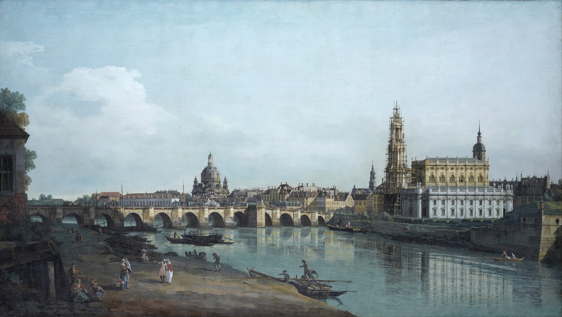 Dresden seen from the Right Bank of the Elbe, beneath the Augusts Bridge, by Bernardo Bellotto, public domain