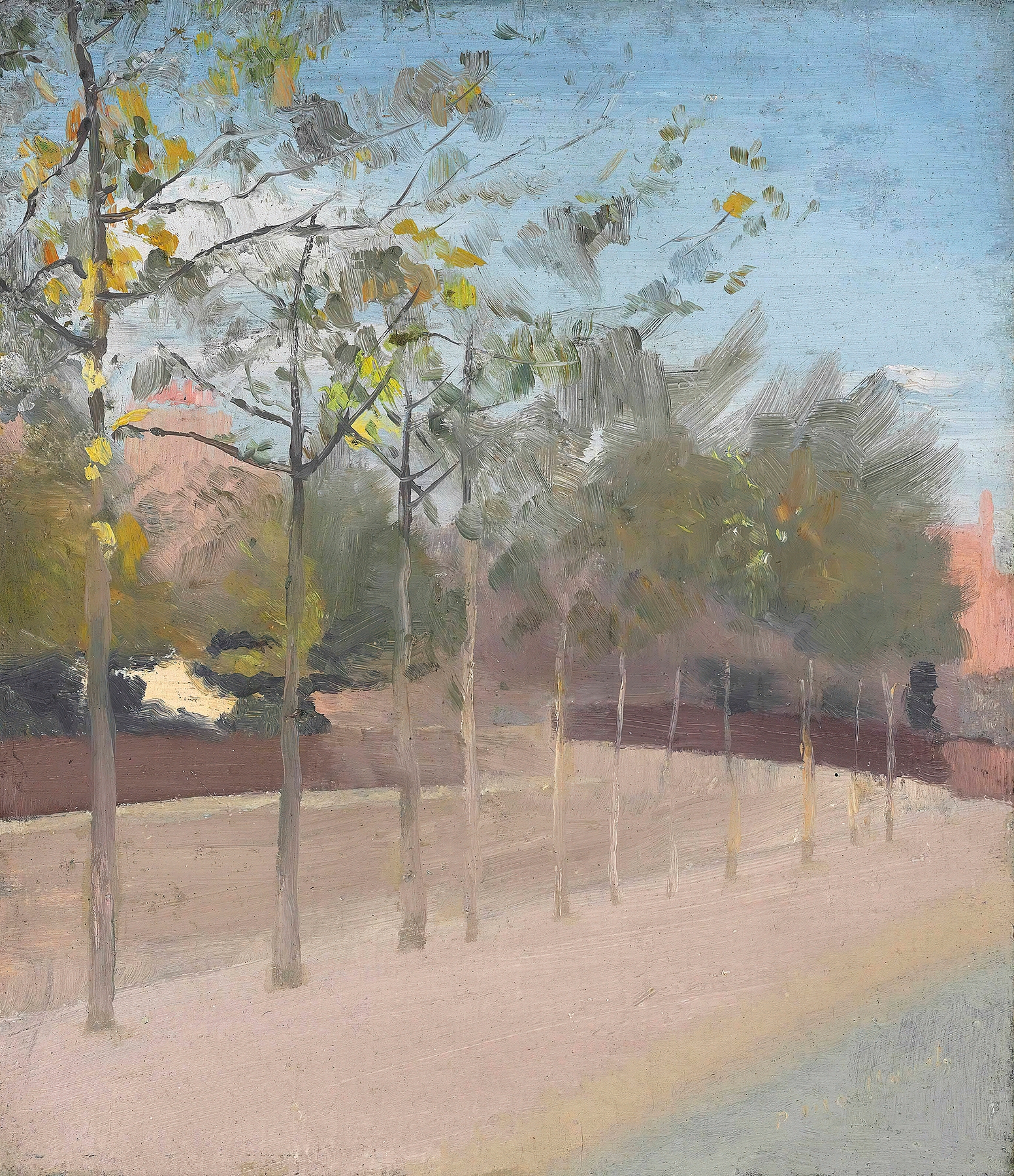 Chelsea Embankment, Plane Trees by Paul Fordyce Maitland, oil on canvas showing sunlight filtering through leaves.