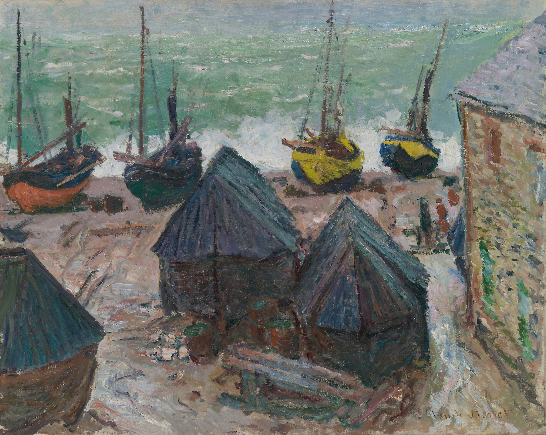 Boats on the beach at Étretat, oil painting by Claude Monet