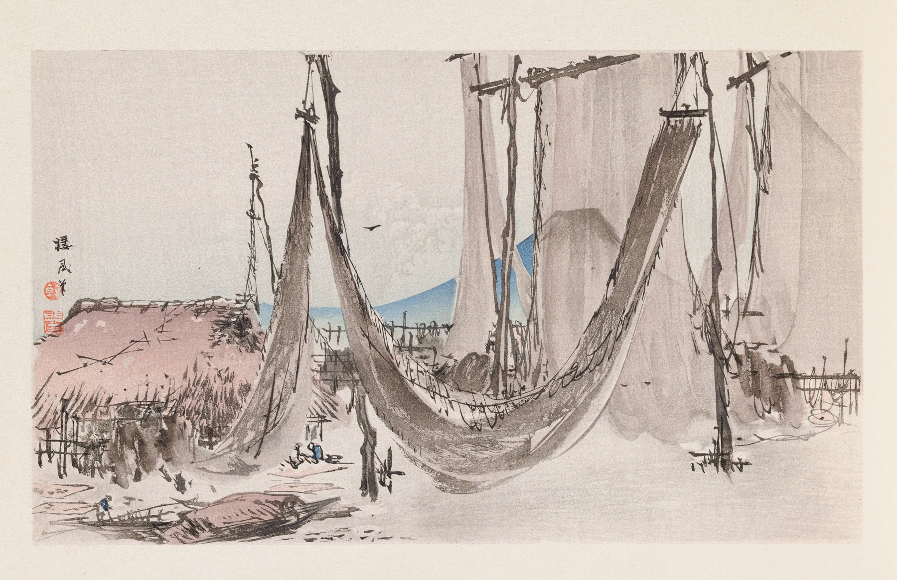 Japanese ink wash landscape by Takeuchi Seihō, featuring mountains and serene nature.