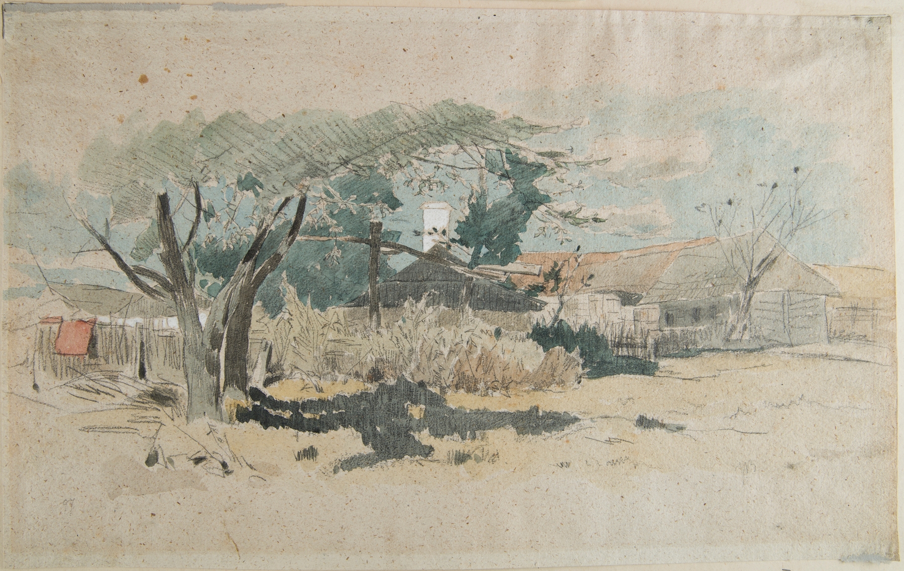 Country farms in Orońsk by Jozef Brandt, oil on canvas depicting rural landscape with farmhouses and hills.