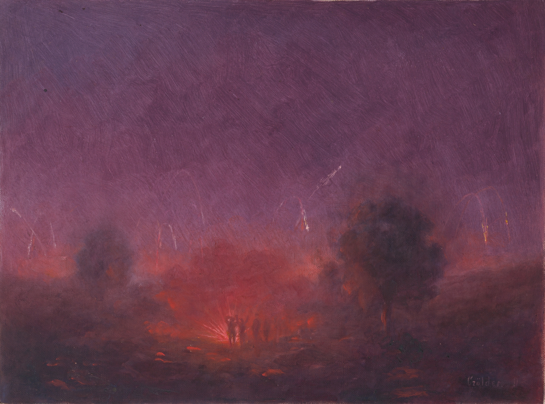 Figurative artwork by Dezider Czölder, oil painting, featuring a haunting silhouette amidst chaos.
