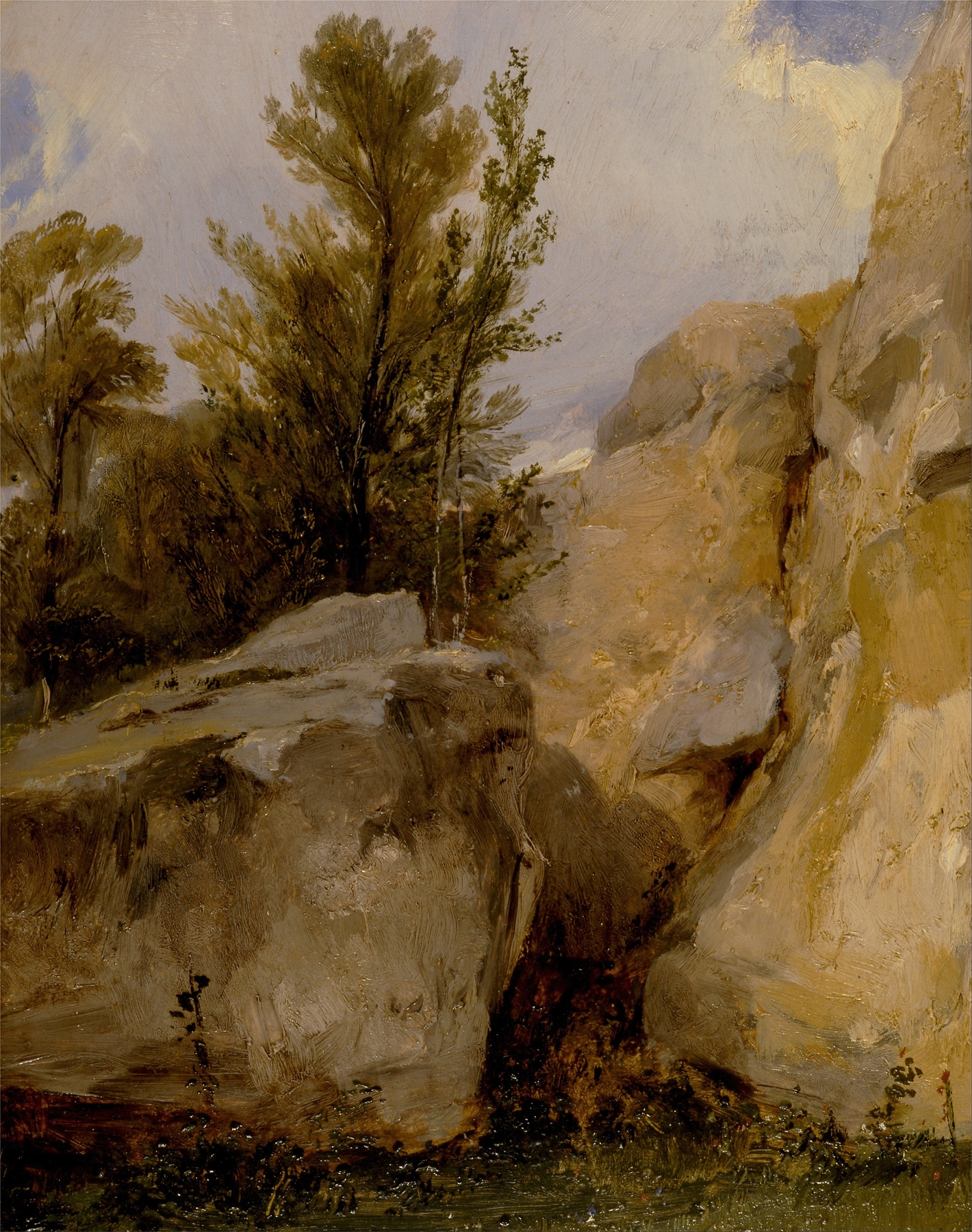 Forest landscape with sunlight and fallen leaves by Richard Parkes Bonington, oil painting