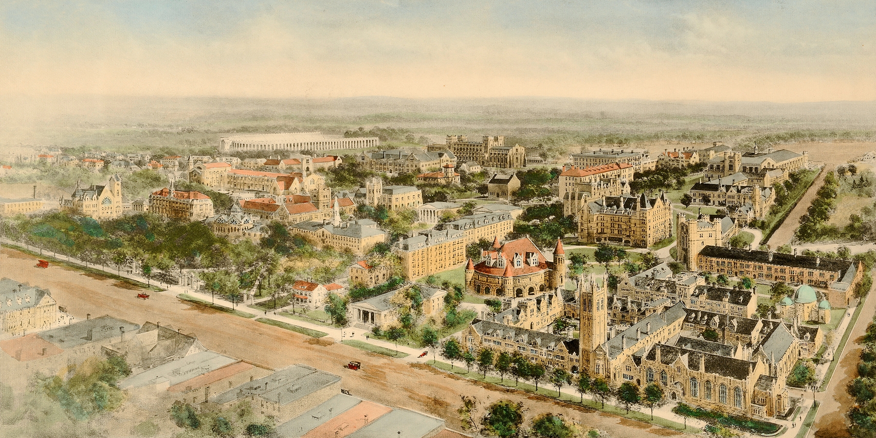 Watercolour by Richard Rummell depicting Princeton University with ivy buildings and green lawns.