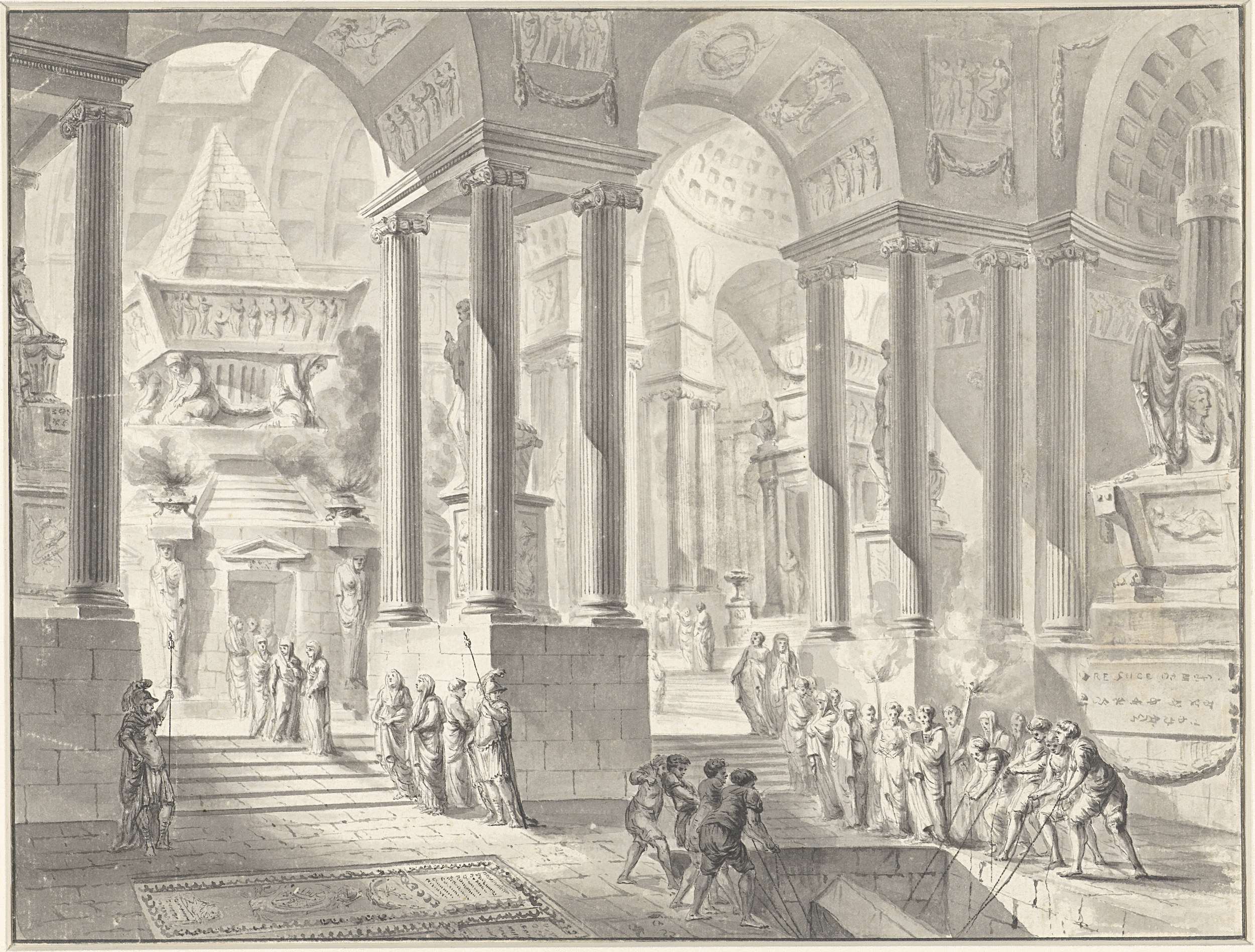 Oil on canvas by Jacques François Blondel depicting a burial scene in a classical interior.