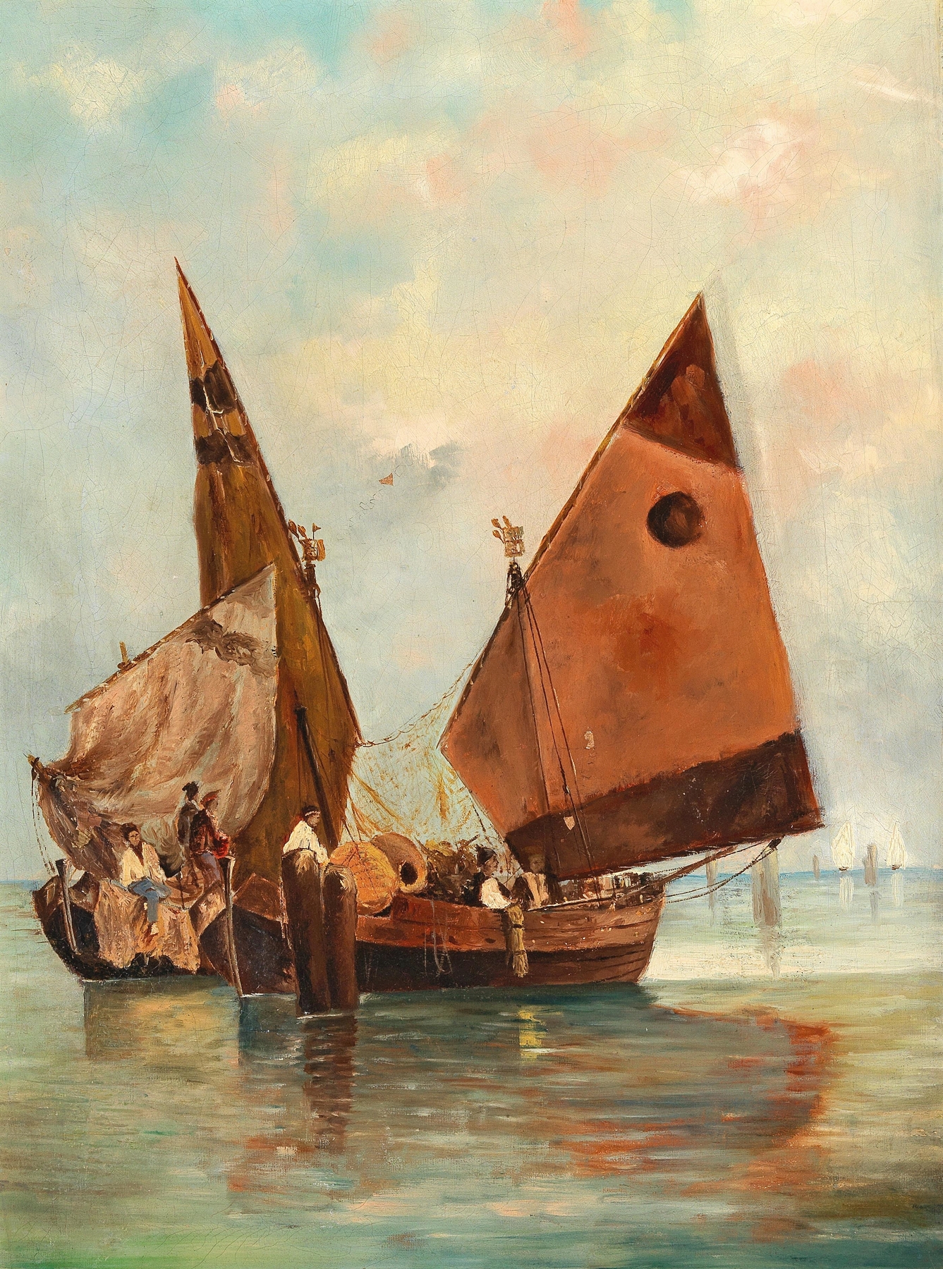Boat with sails moored in a lagoon, oil on canvas by Leontine von Littrow