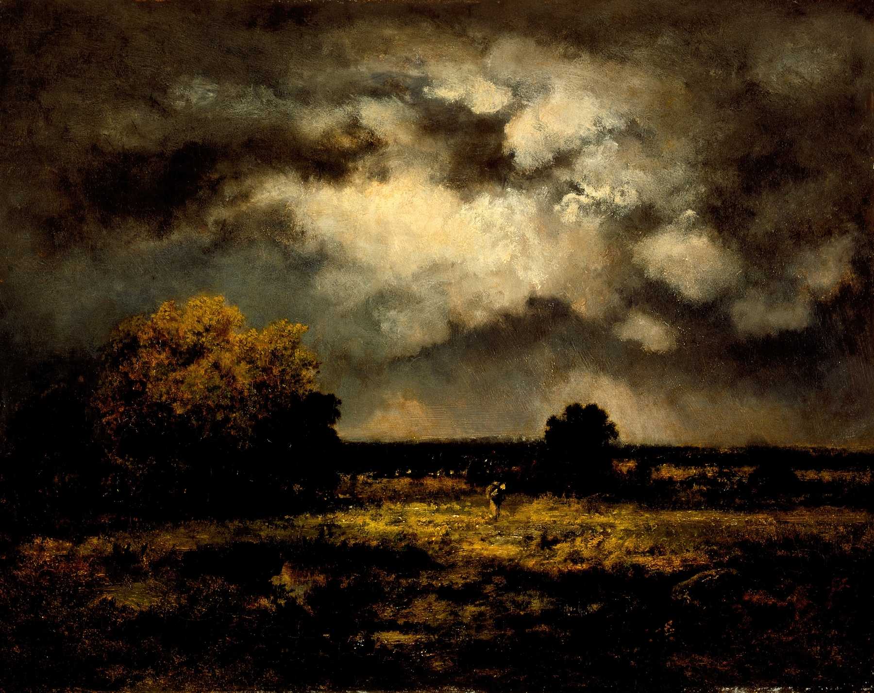 Stormy Landscape oil painting by Narcisse-Virgile Diaz de La Peña featuring dark clouds and vibrant greens.