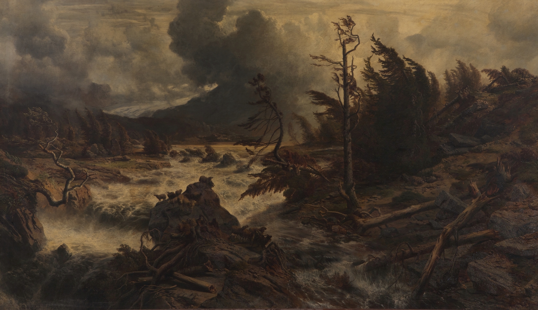Gewittersturm im Hochgebirge by Albert Zimmermann, oil painting depicting a stormy mountain landscape