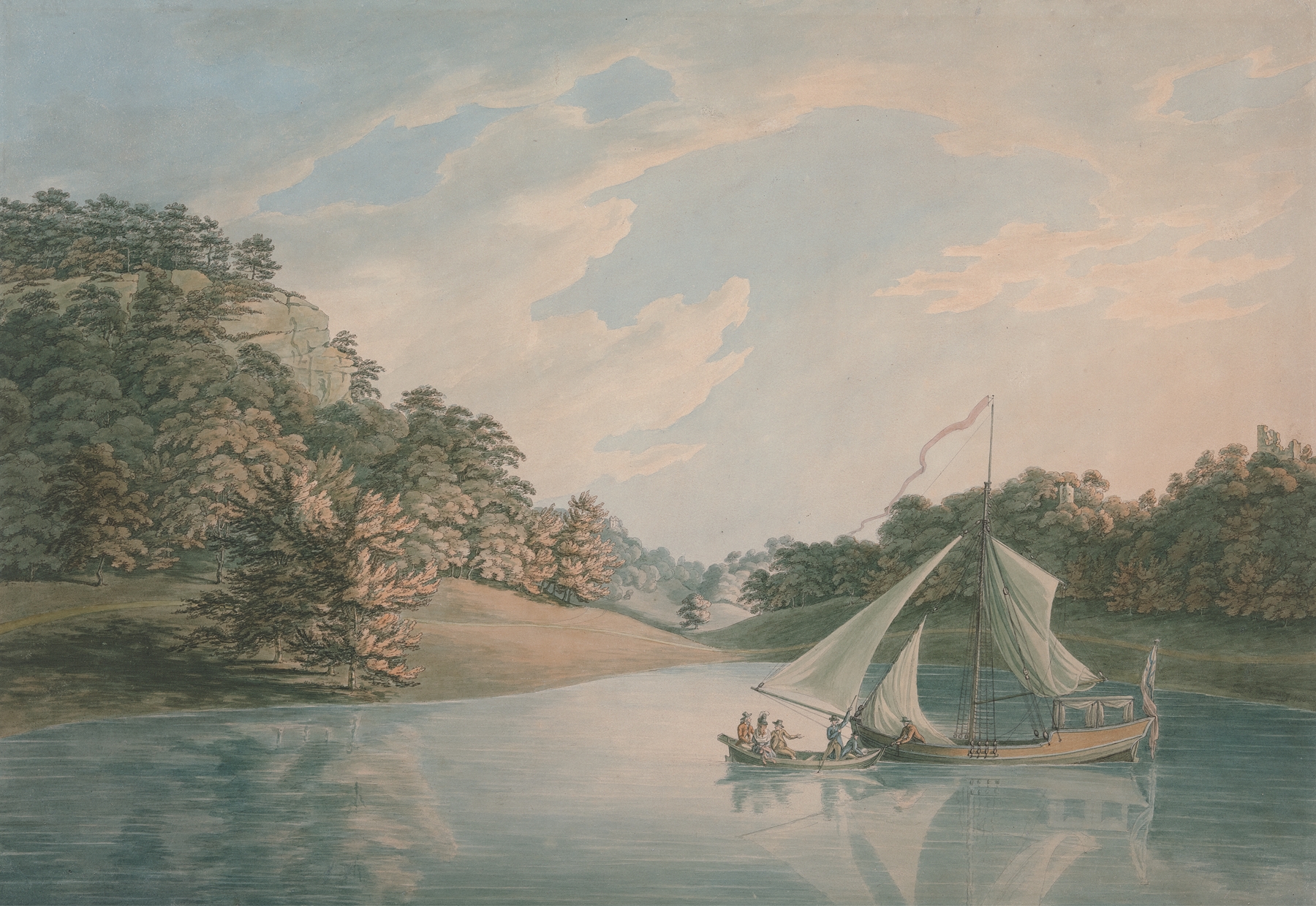 The Lake, Hawkstone Park, Shropshire by John Emes, oil on canvas depicting tranquil waters and trees.