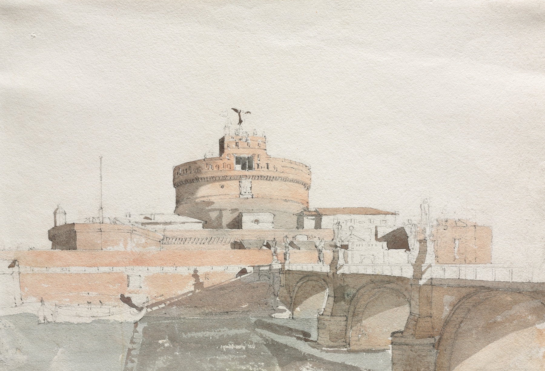 Castel Sant’ Angelo by Thomas Ender, oil on canvas depicting a grand fortress in a serene landscape