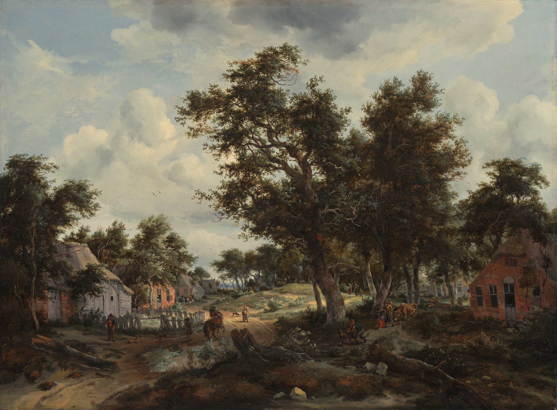 A wooded landscape with travelers on a path, oil on canvas by Meindert Hobbema