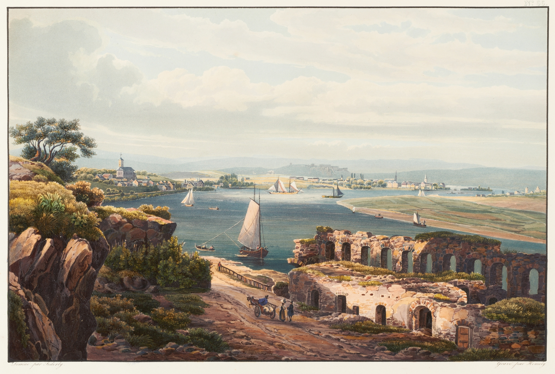 Landscape oil painting by Johann Ludwig Bleuler featuring ruins near Neuwied.