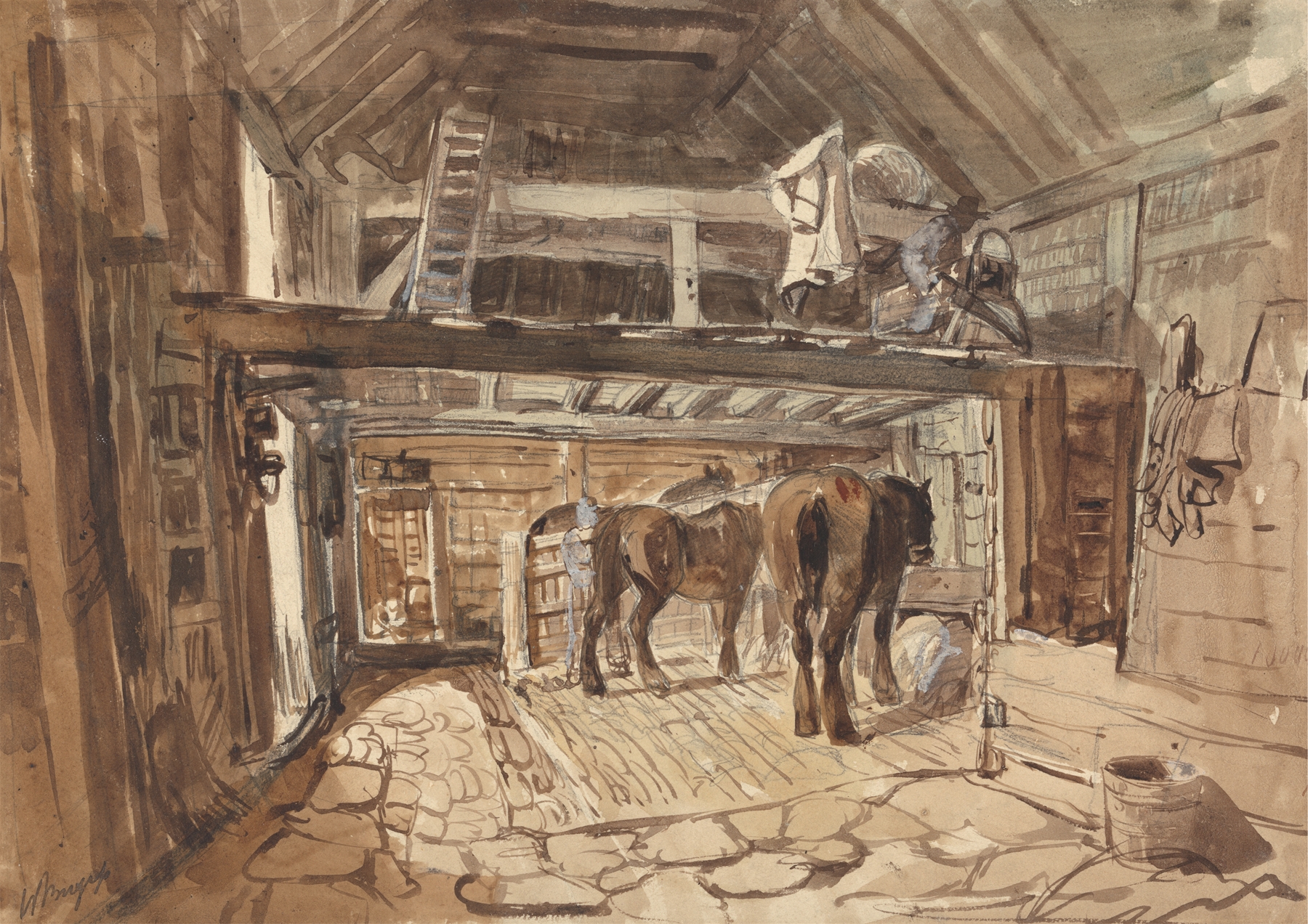 Interior of a stable with two horses feeding, oil painting by William Burgess