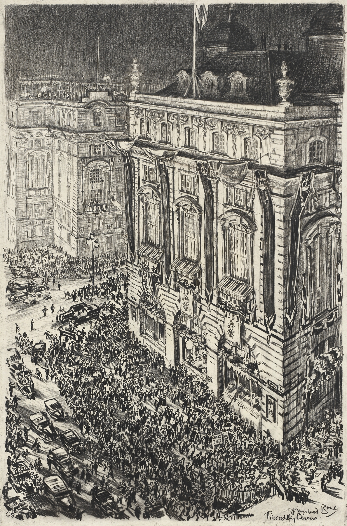 Piccadilly Circus, Eve of the Coronation of George VI, by Muirhead Bone, public domain