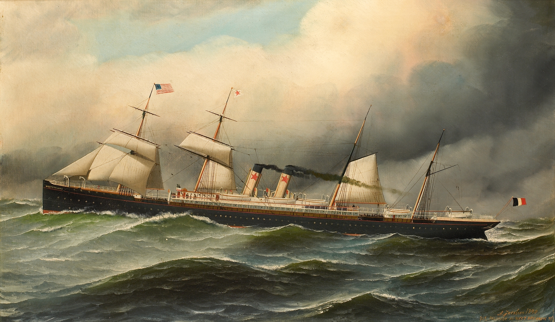 Het stoomschip met hulpzeilvermogen ‘Westernland’, by Antonio Jacobsen, public domain