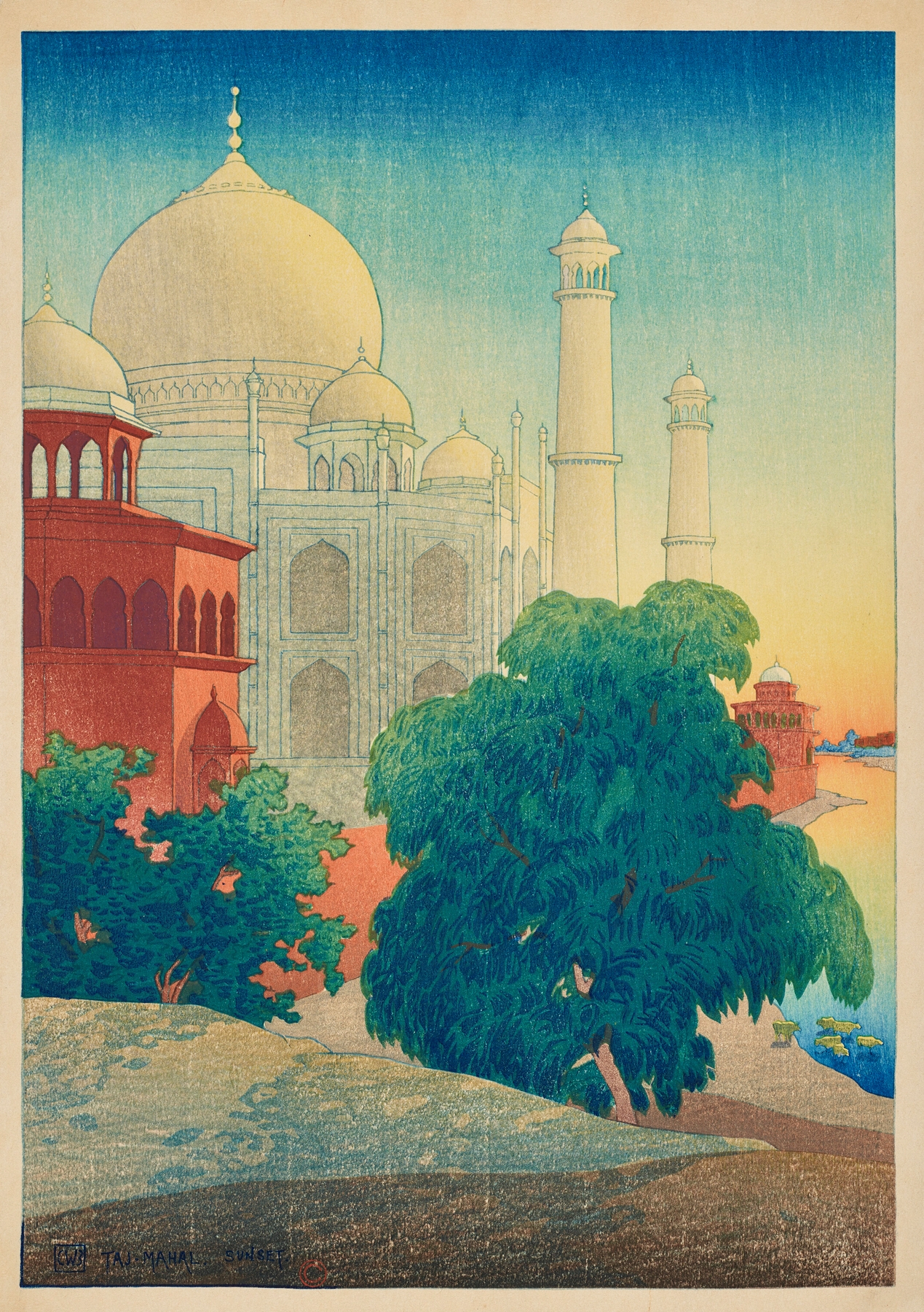 Taj Mahal reflected in water at sunset, watercolor by Charles Bartlett