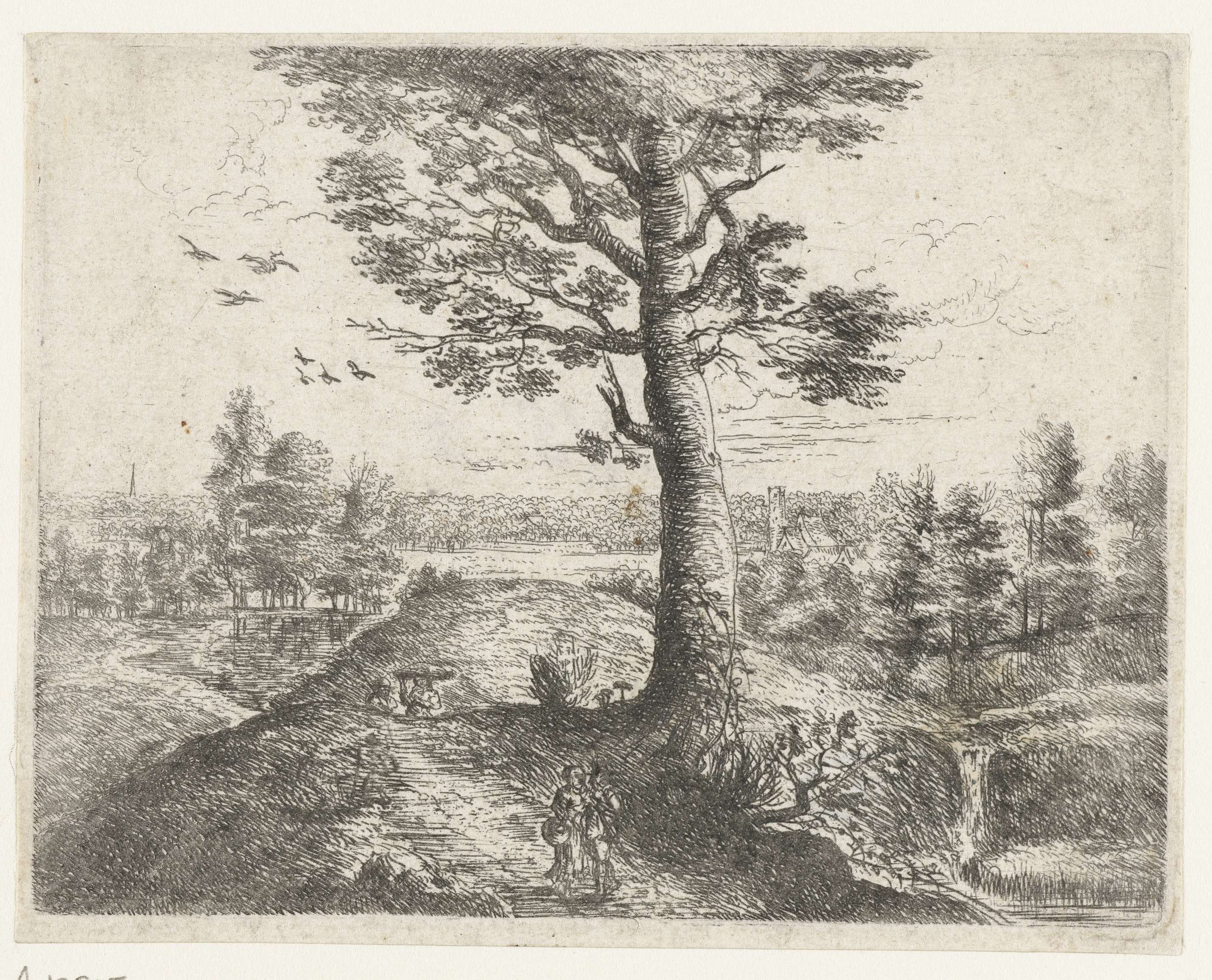 Etching by Philips Augustijn Immenraet depicting a couple walking along a path.