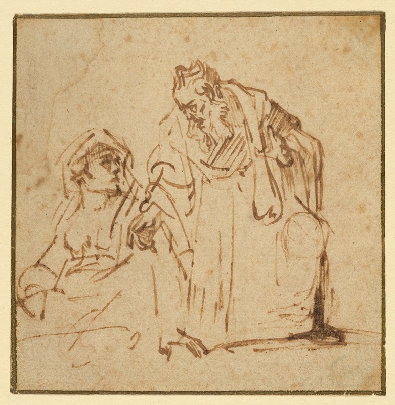 A painting depicting a man conversing with a seated woman.