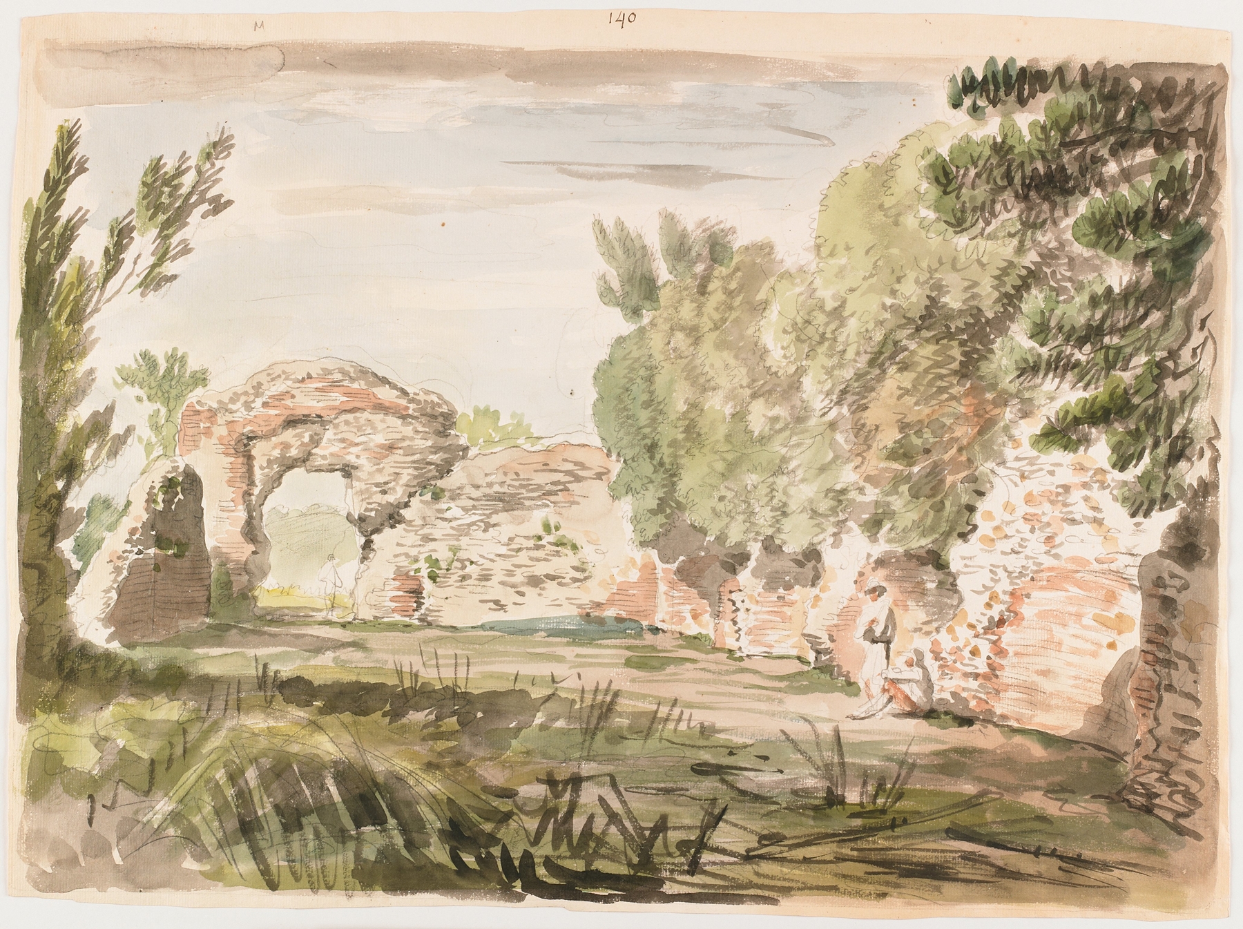 Landscape with Trees, Ruin and Three Figures by Carlo Labruzzi, oil on canvas