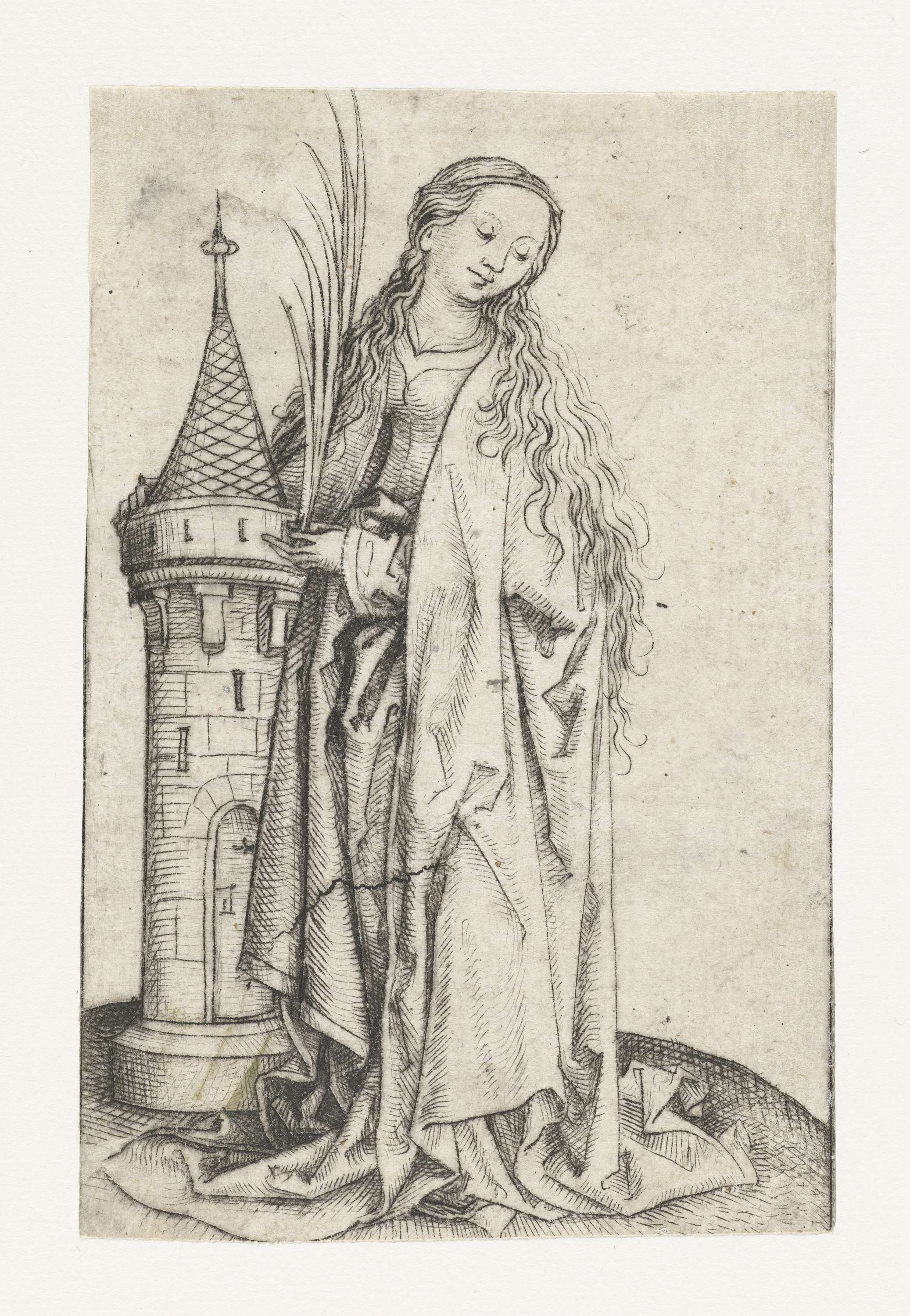 Heilige Barbara drypoint by Meester van het Amsterdamse Kabinet, featuring a saint in vibrant colors.
