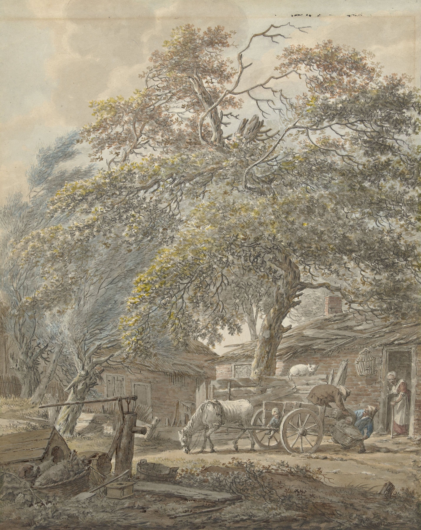 Two men loading a cradle onto a horse cart, oil painting by Vincent Jansz. van der Vinne
