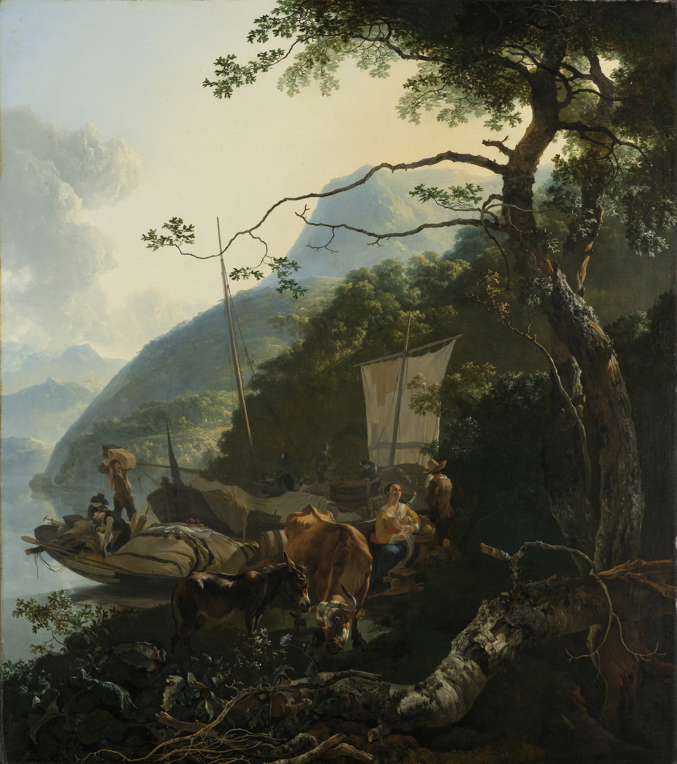 Oil painting by Adam Pijnacker showing boatmen and a mother with child by a lake.
