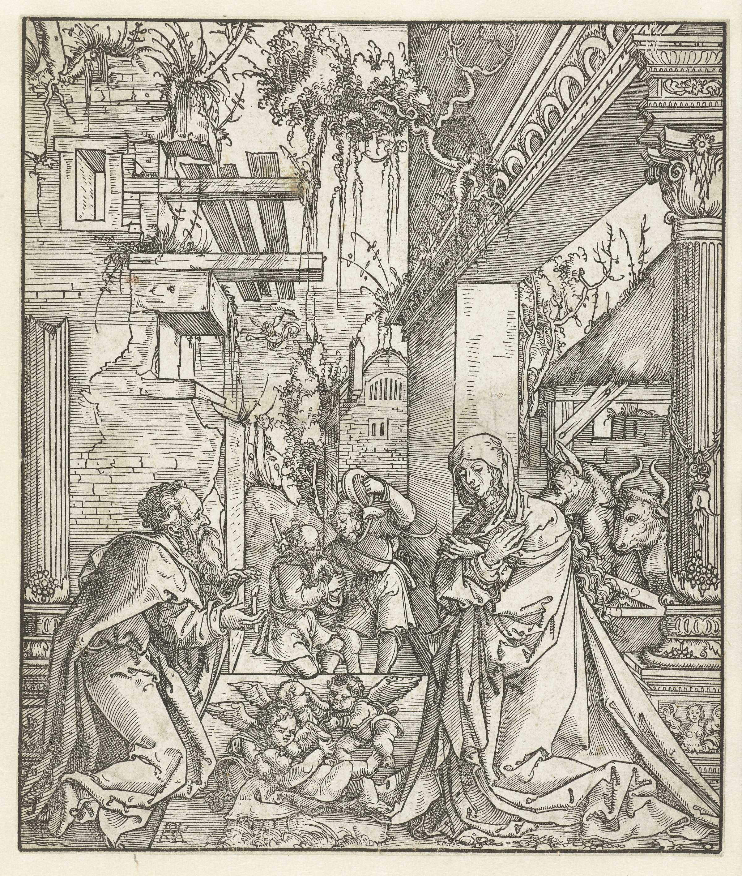 Religious scene depicting the birth of Christ, paper work by Hans Springinklee