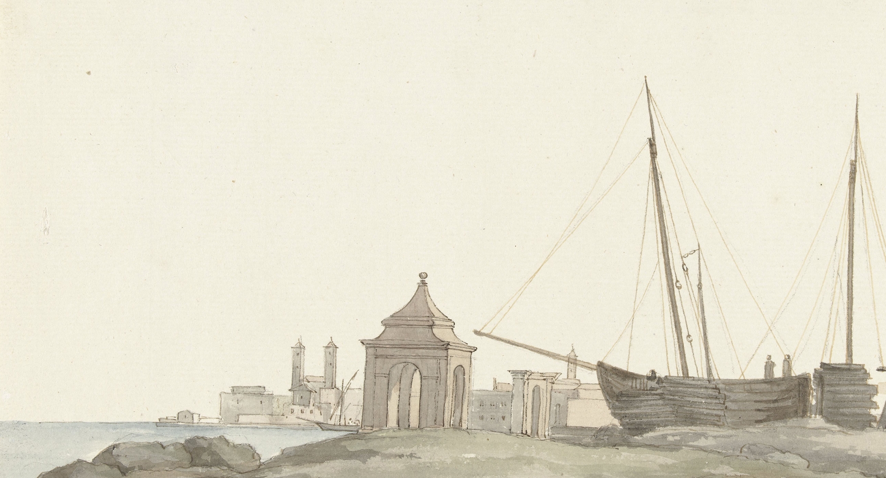 Watercolour by Abraham-Louis-Rodolphe Ducros depicting Molfetta's coastline with traditional buildings.