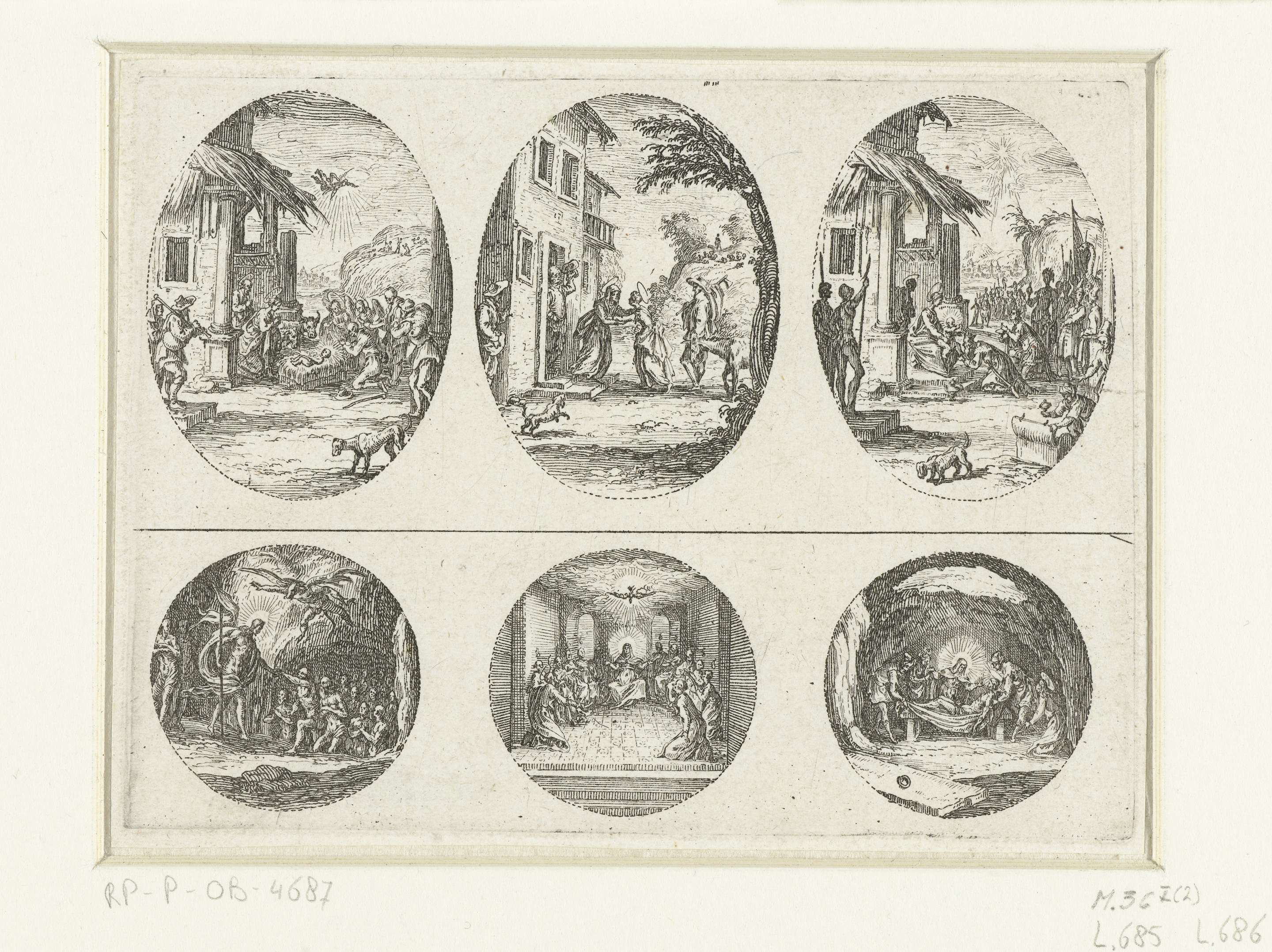 Nativity scene with shepherds adoring the child, etching by Jacques Callot