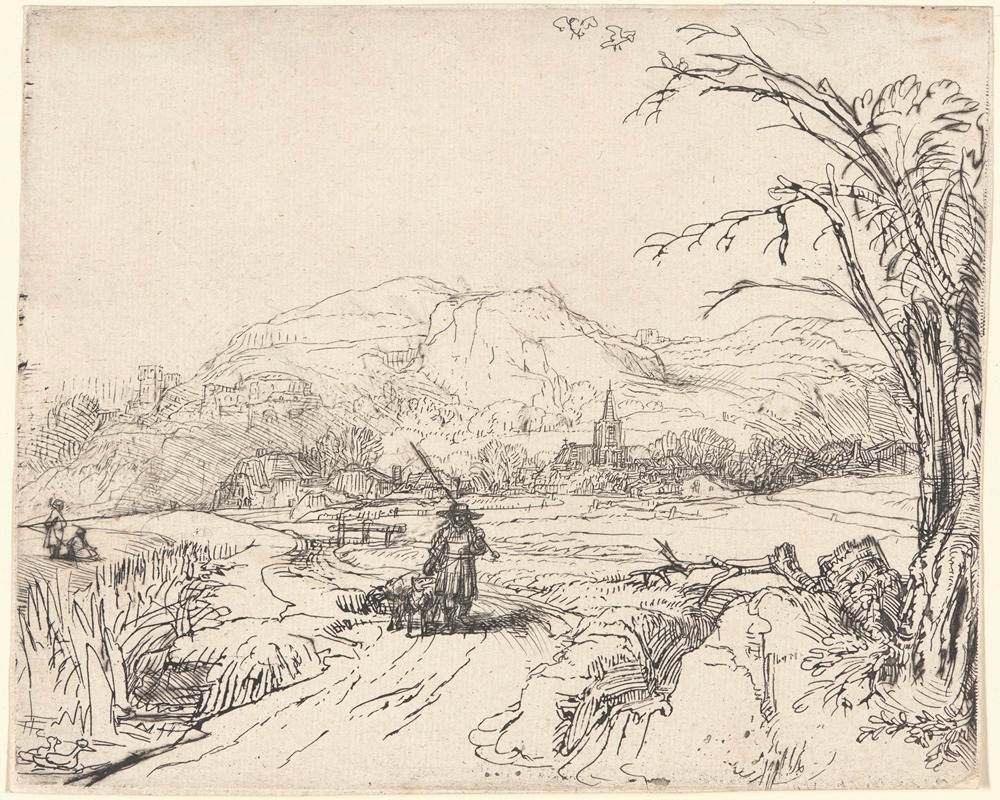A painting depicting a sportsman with his dog in a natural landscape.