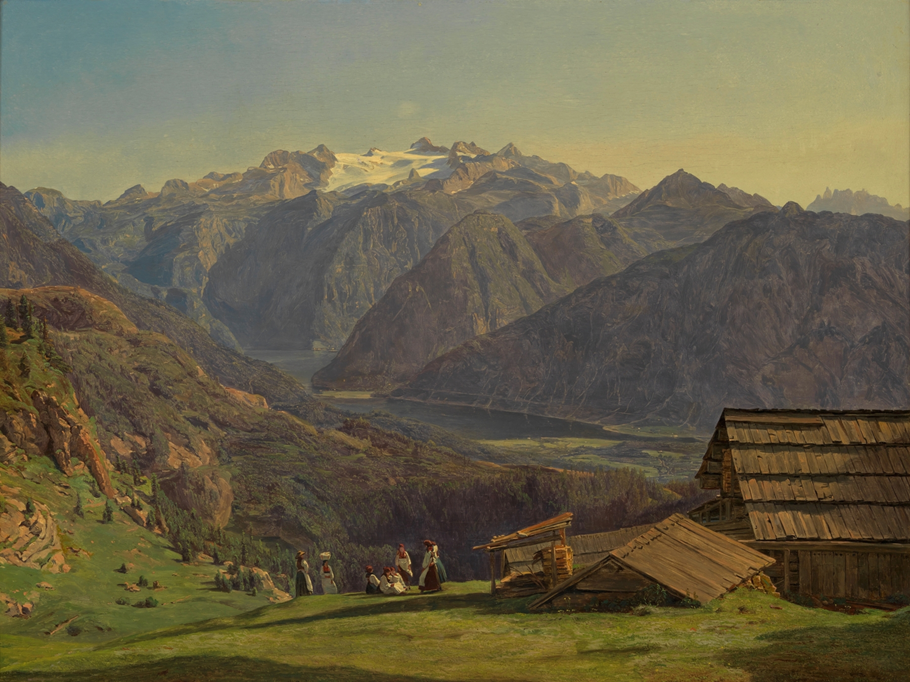 Ansicht des Dachsteins mit dem Hallstättersee von der Hütteneckalpe bei Ischl, by Ferdinand Georg Waldmüller, public domain
