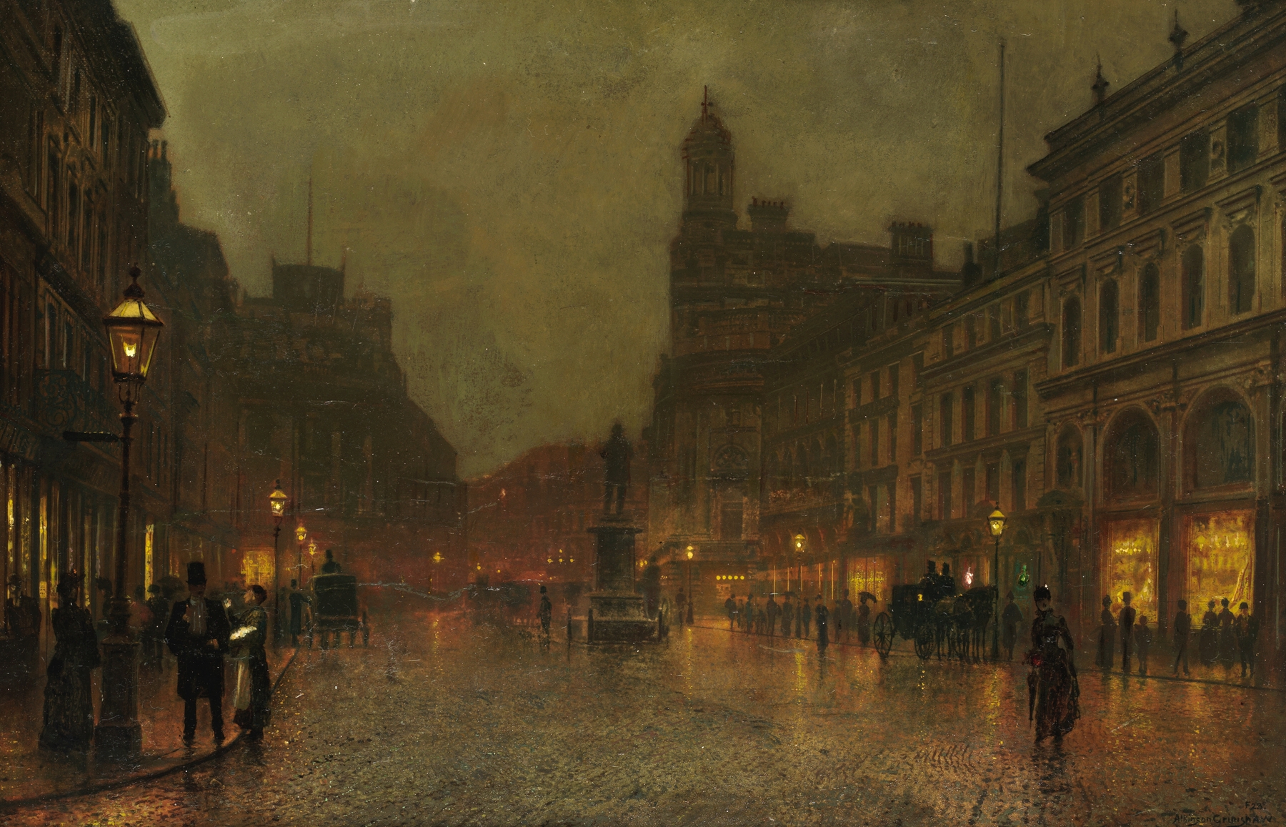 Genre scene of St Ann’s Square in Manchester by John Atkinson Grimshaw, oil painting