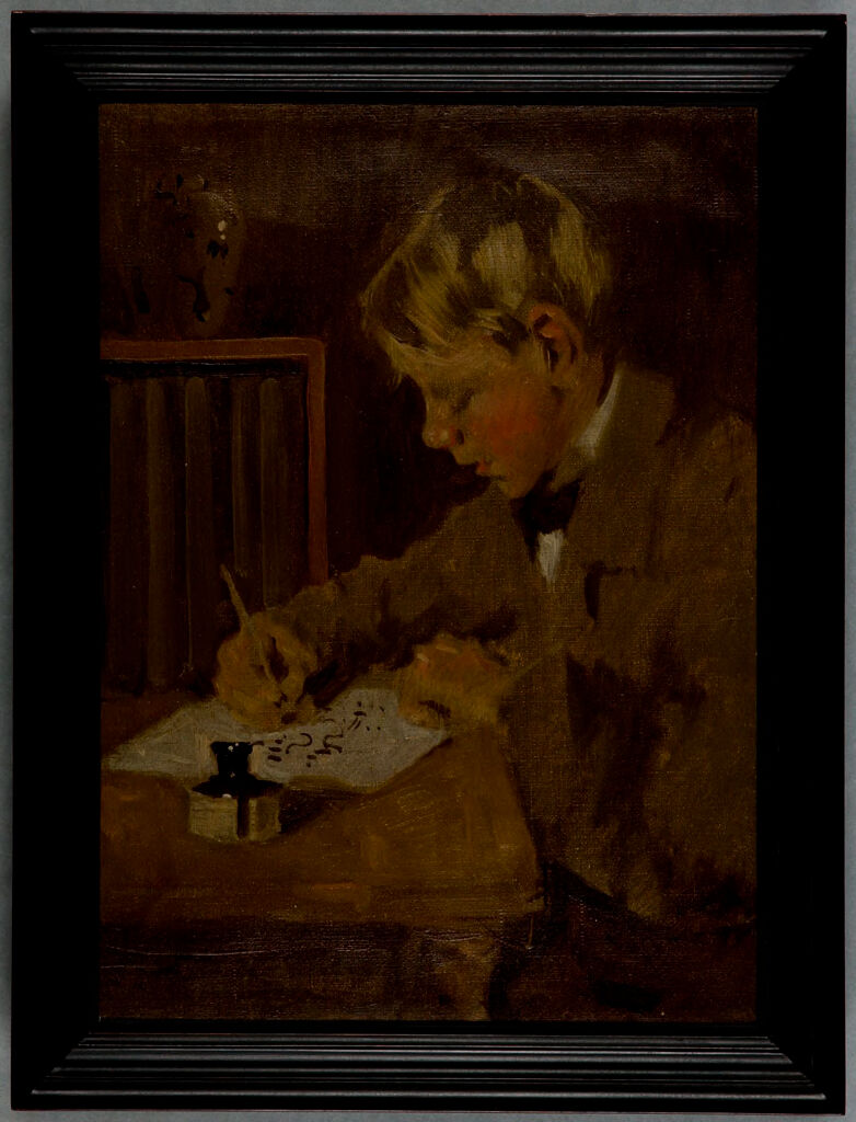Portrait of a young boy writing at a desk, oil painting by Denman Waldo Ross