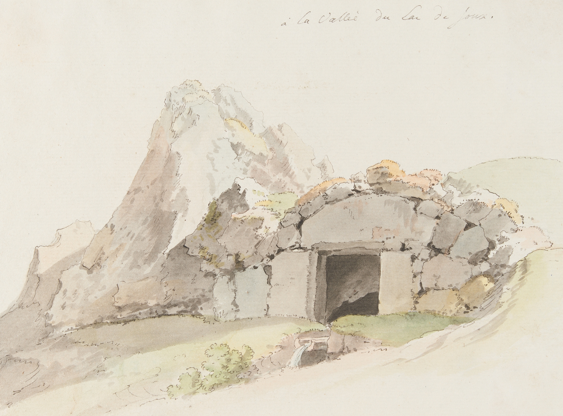 Watercolour by Johann Ludwig Aberli depicting a serene Swiss landscape with a lake and hills.
