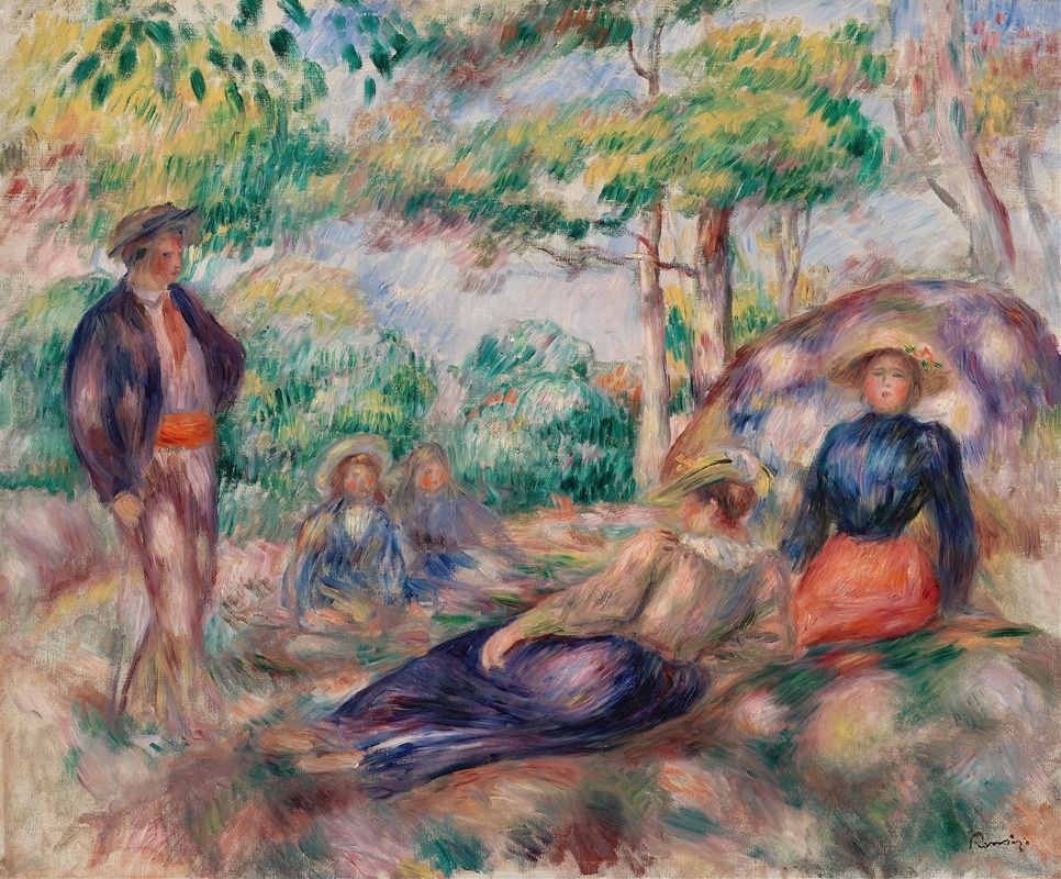 A serene scene of a woman resting in the grass, painted by Renoir.