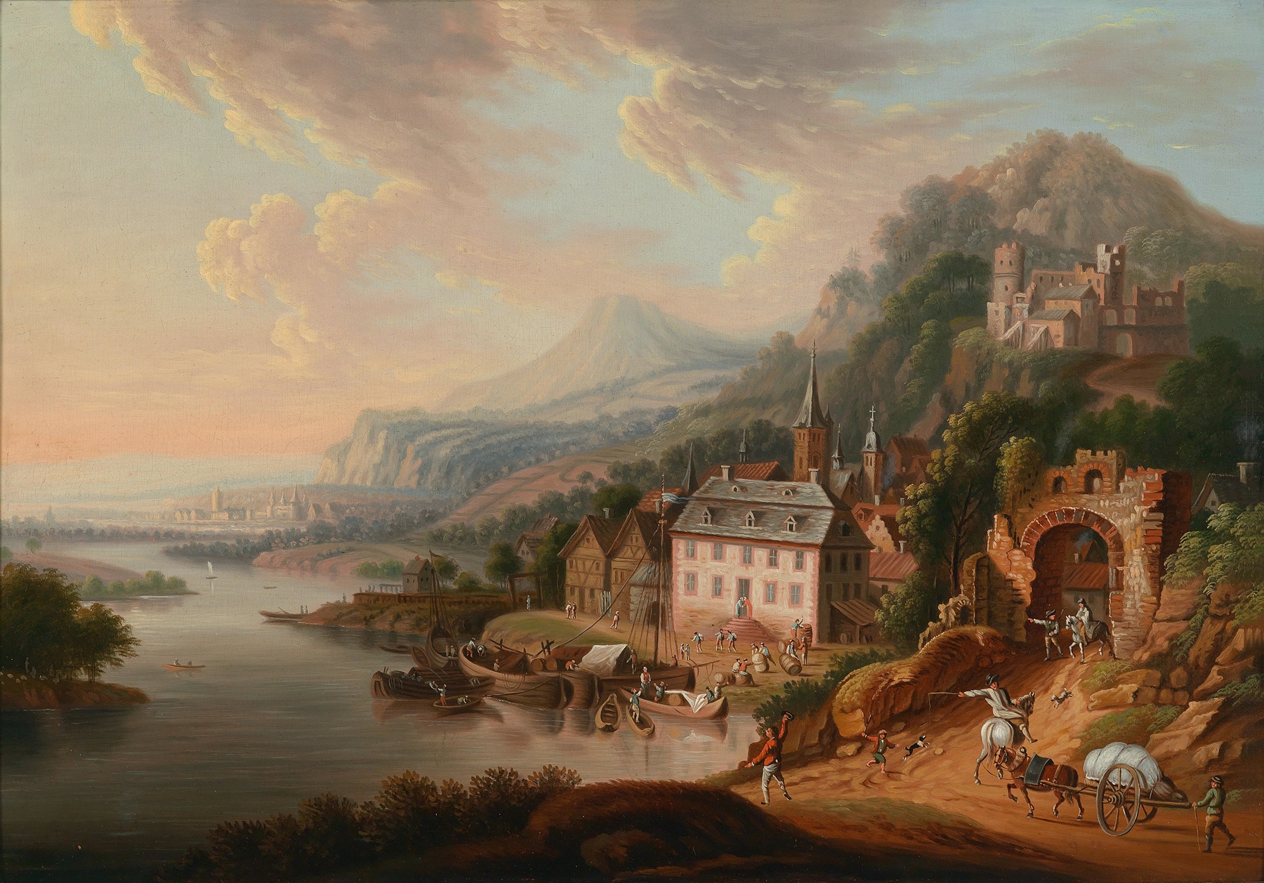 Rheinlandschaft by Christian Georg Schütz the elder, oil painting depicting a serene river landscape.