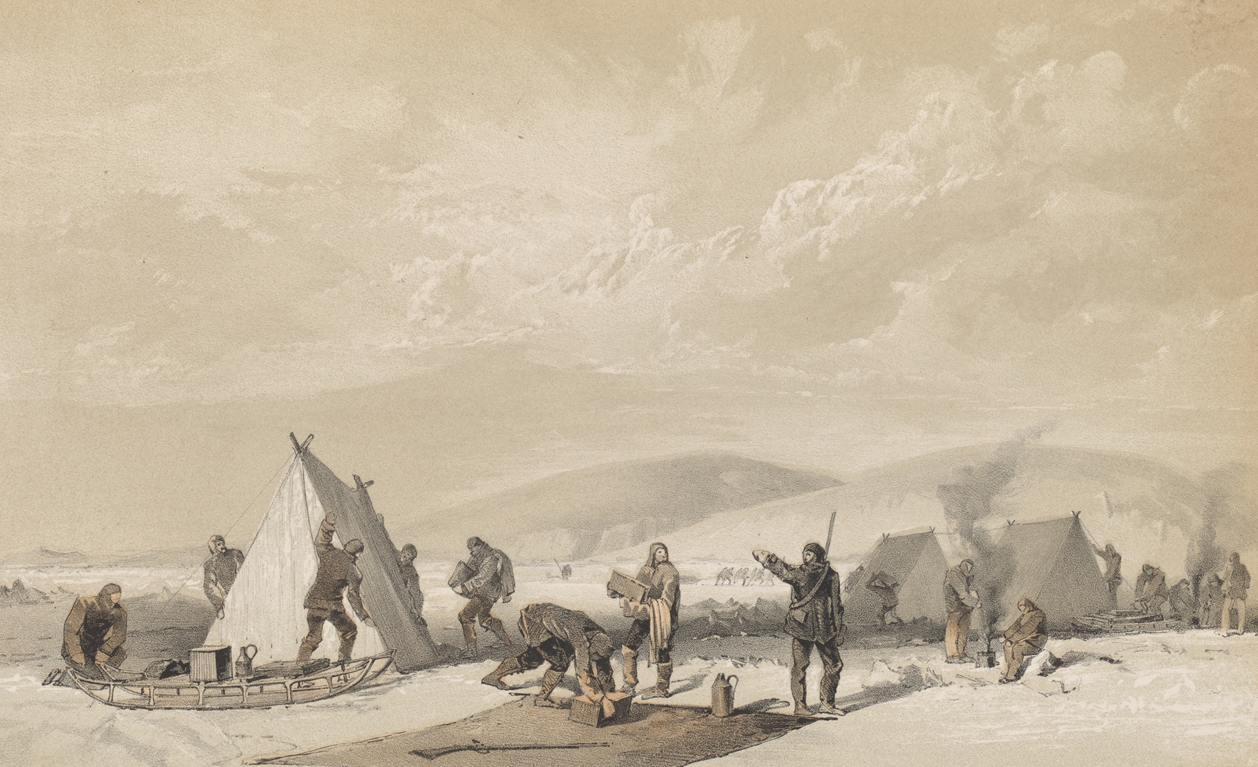 Genre scene of figures around a campfire in oil painting by Walter William May