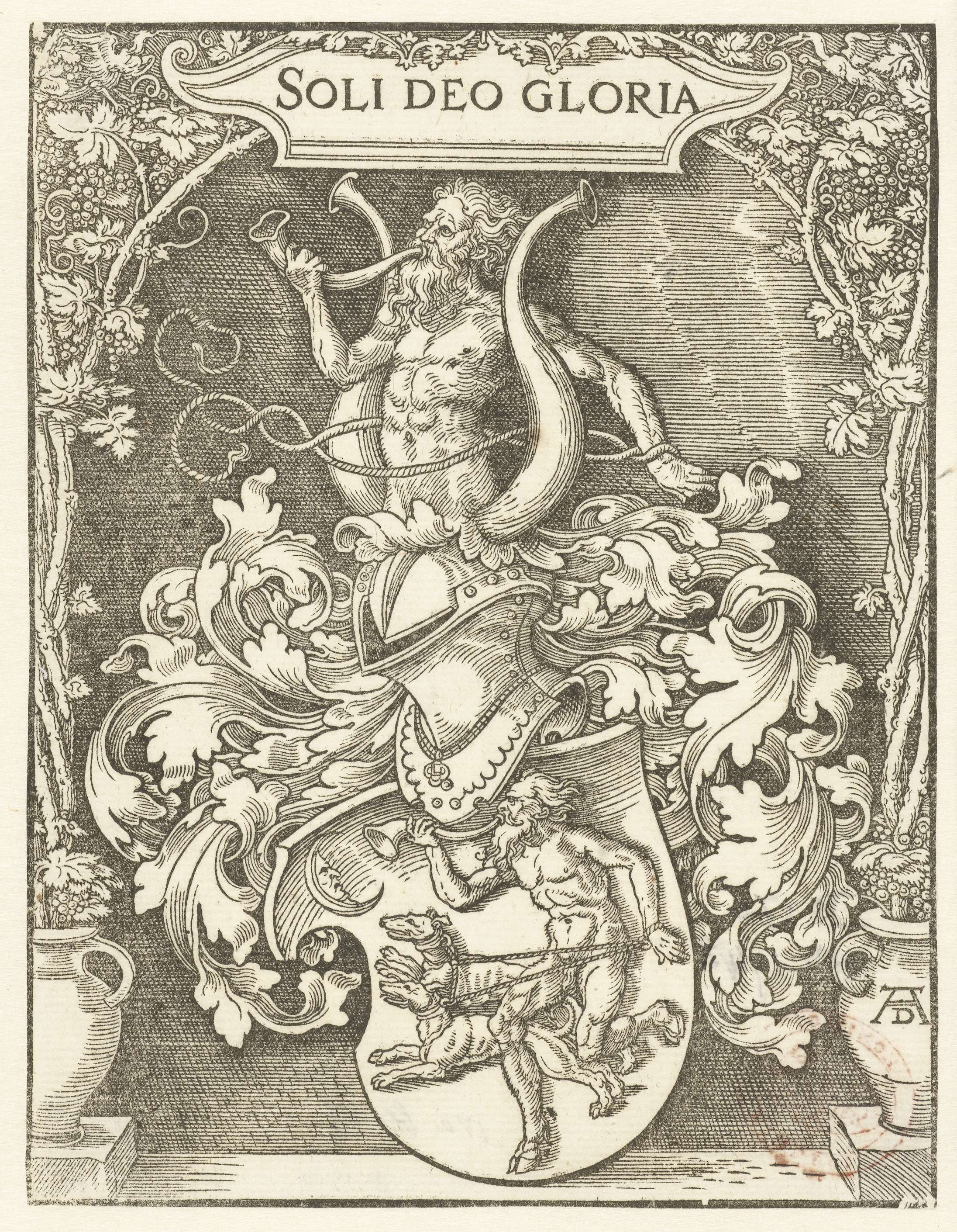 Coat of arms woodcut by Albrecht Dürer, 1516-1520, featuring intricate details.