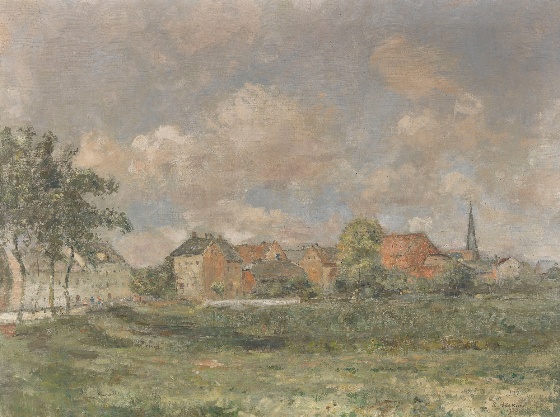 Landscape oil painting by Rudolf Höckner featuring soft greens and browns with a gentle horizon.