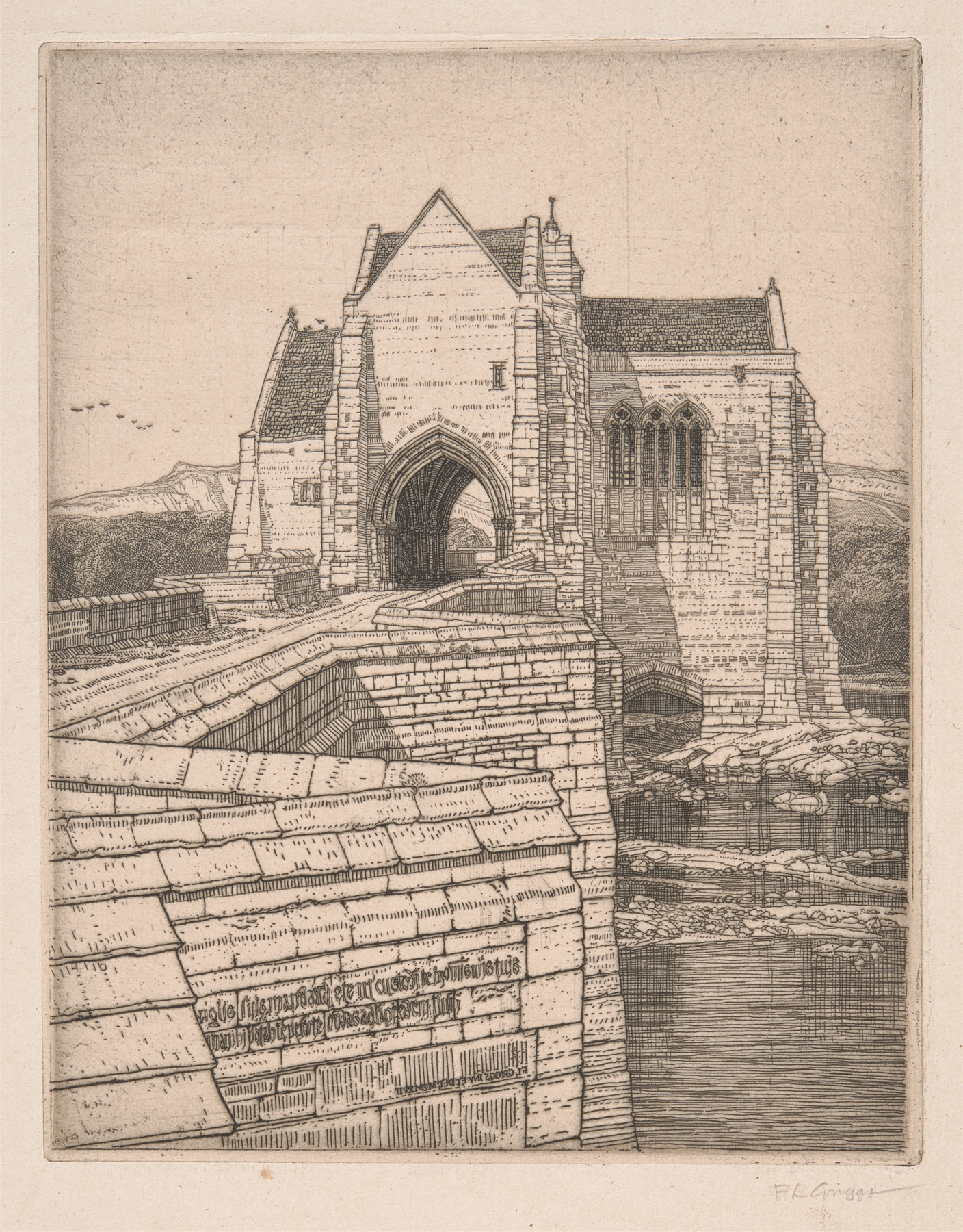 St. Botolph’s Bridge No. 1 by Frederick Landseer Maur Griggs, oil on canvas landscape with a bridge and water.