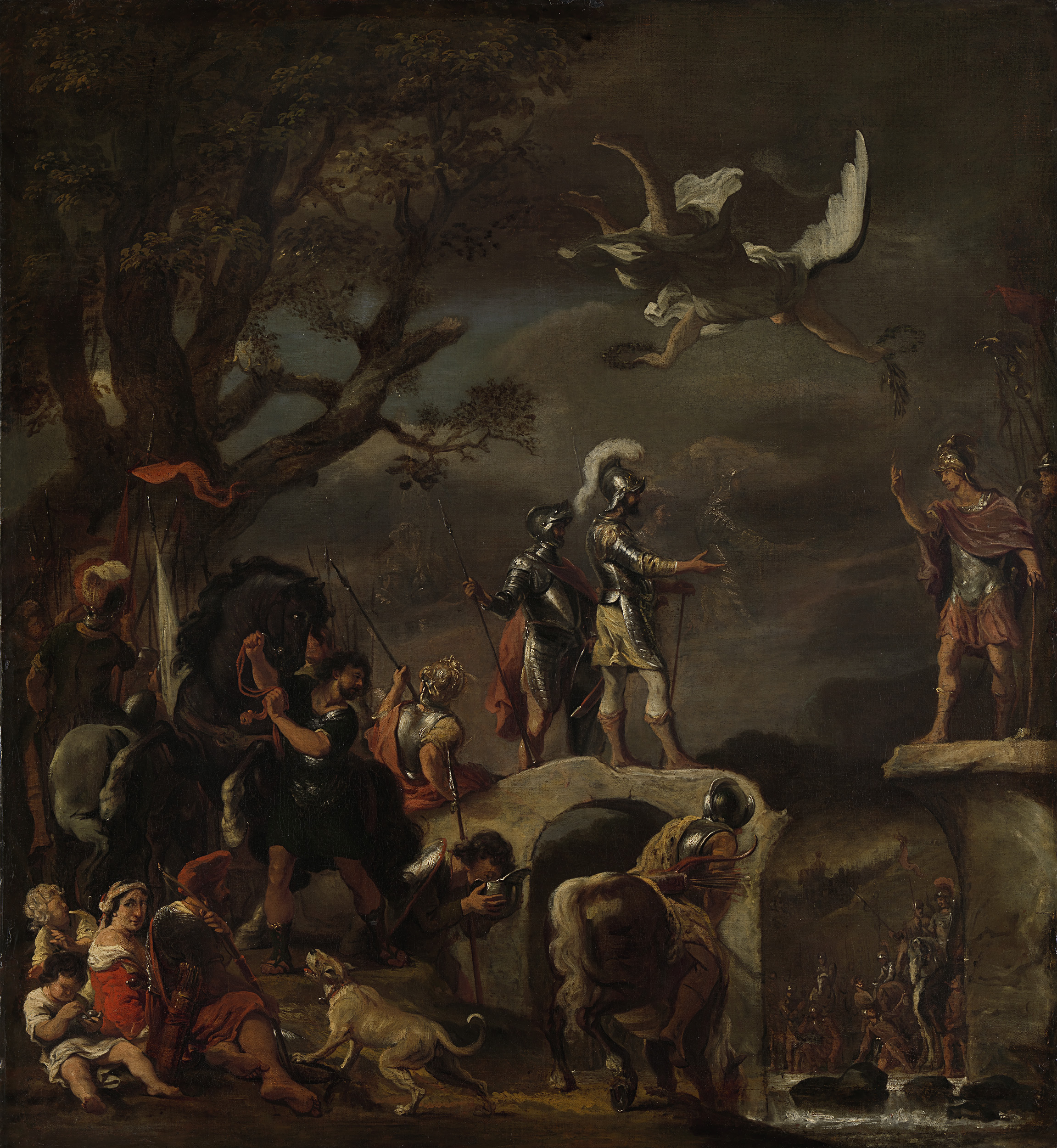 The Peace Negotiations between Claudius Civilis and Quintus Petillius Cerealis on the Demolished Bridge., by Ferdinand Bol, public domain