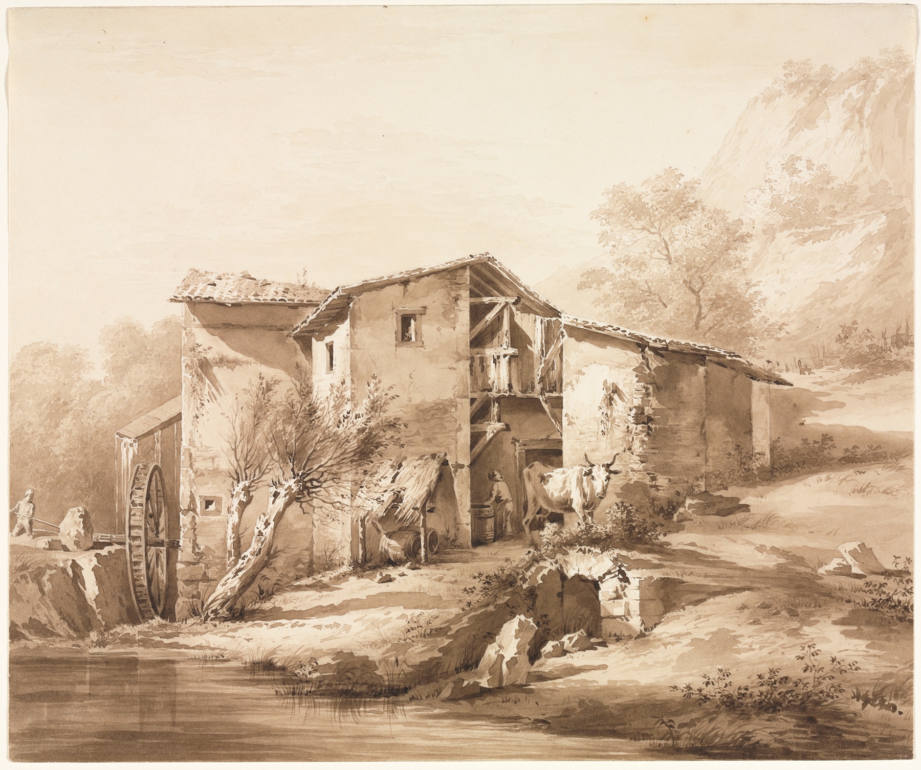 Landscape with Watermill, etching by Jean-Jacques de Boissieu, depicting a tranquil river and countryside.