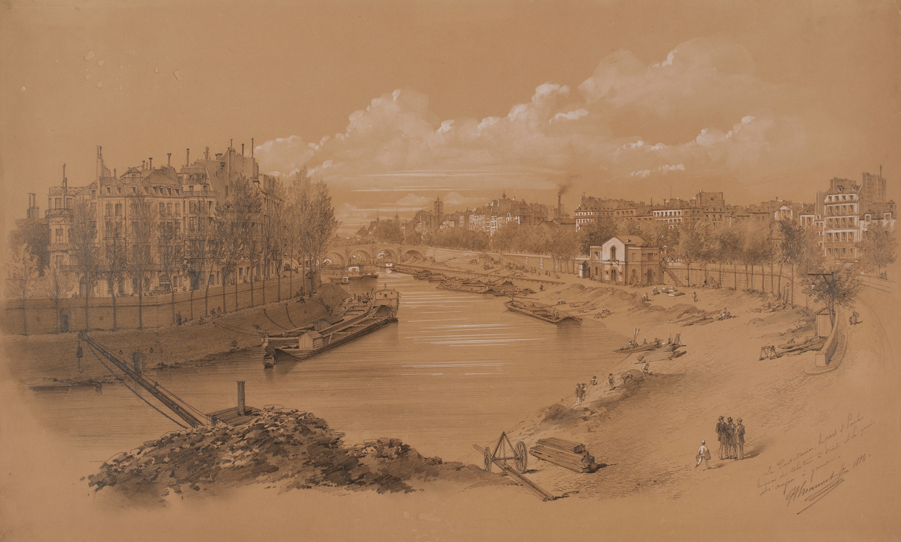 Marine scene depicting Le port Saint-Paul by Jules-Adolphe Chauvet, oil painting